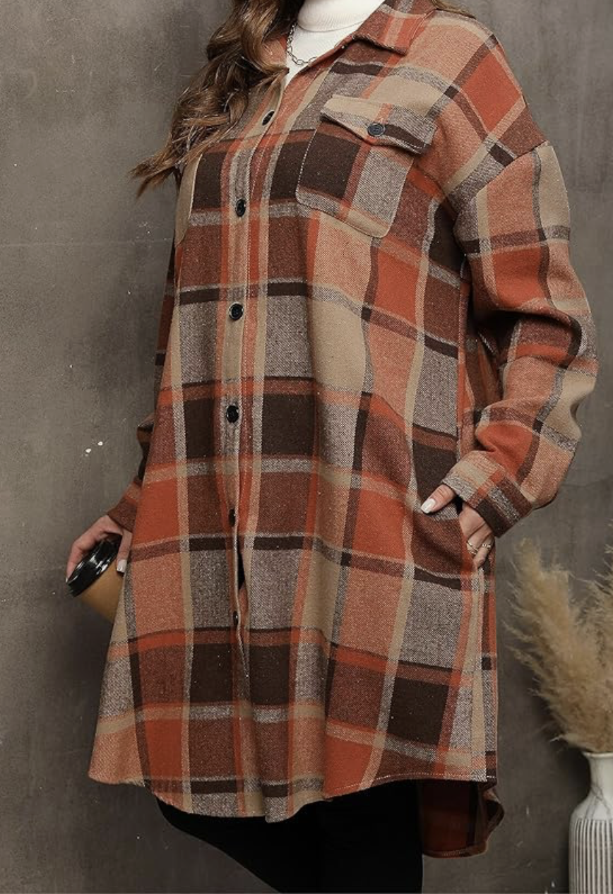 Women's 2025 Plus Size Plaid Flannel Shacket Loose Fit Long Shirts Jacket Tartan Boyfriend Oversized Coat