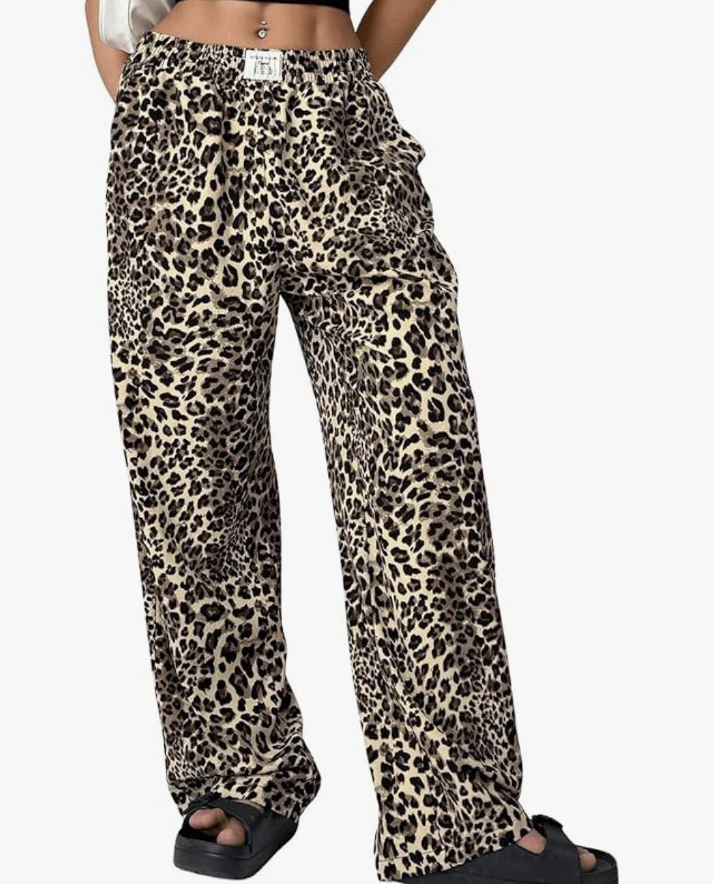 Women's Letter Leopard Print Straight Leg Pants Elastic Waist Y2K Trousers Bottoms with Pockets