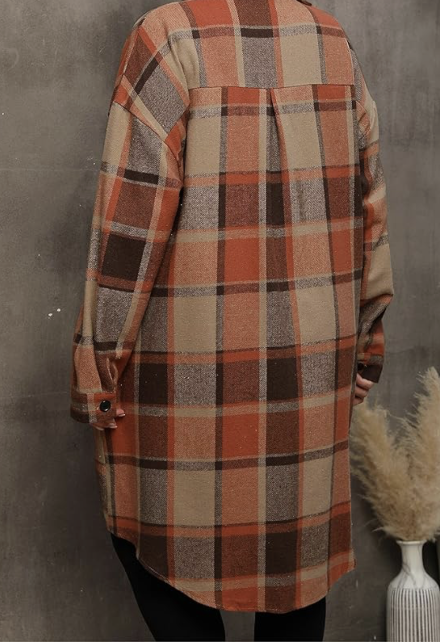 Women's 2025 Plus Size Plaid Flannel Shacket Loose Fit Long Shirts Jacket Tartan Boyfriend Oversized Coat