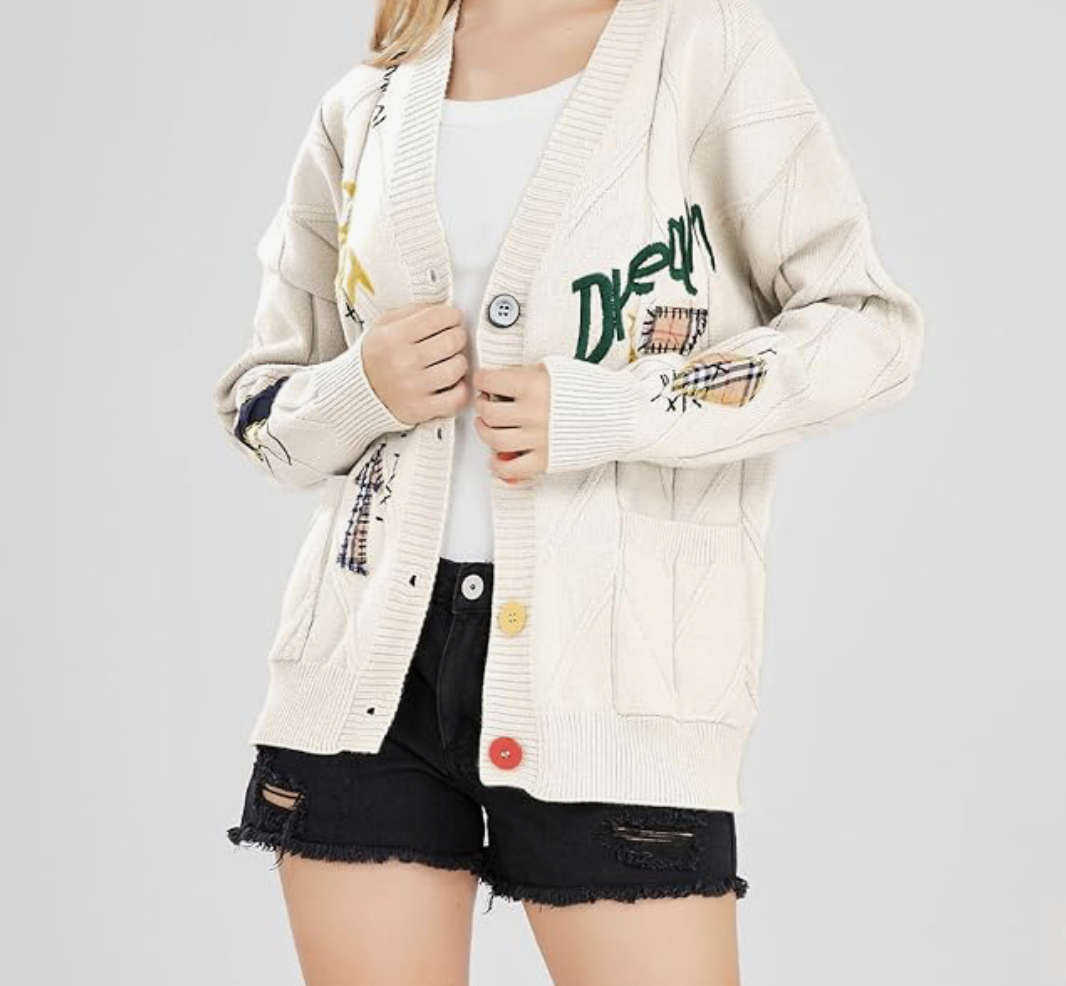 Women's Cable Knit Long Sleeve Open Front Cardigan Sheep V-Neck Button Down Embroidery Wool Blend Sweater Coat Outwear