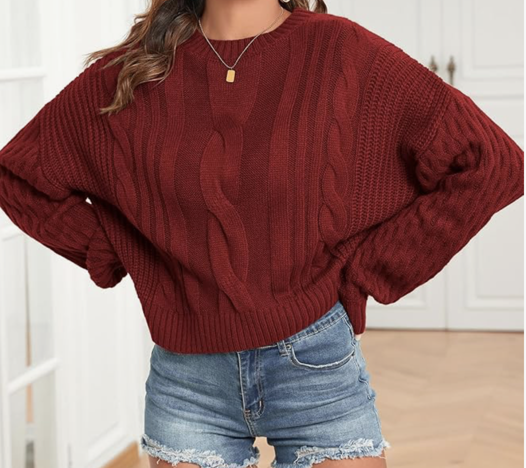 ZAFUL Women's Solid Knit Cable Sweater Casual Long Lantern Sleeve Pullover Crew Neck Knitted Tops