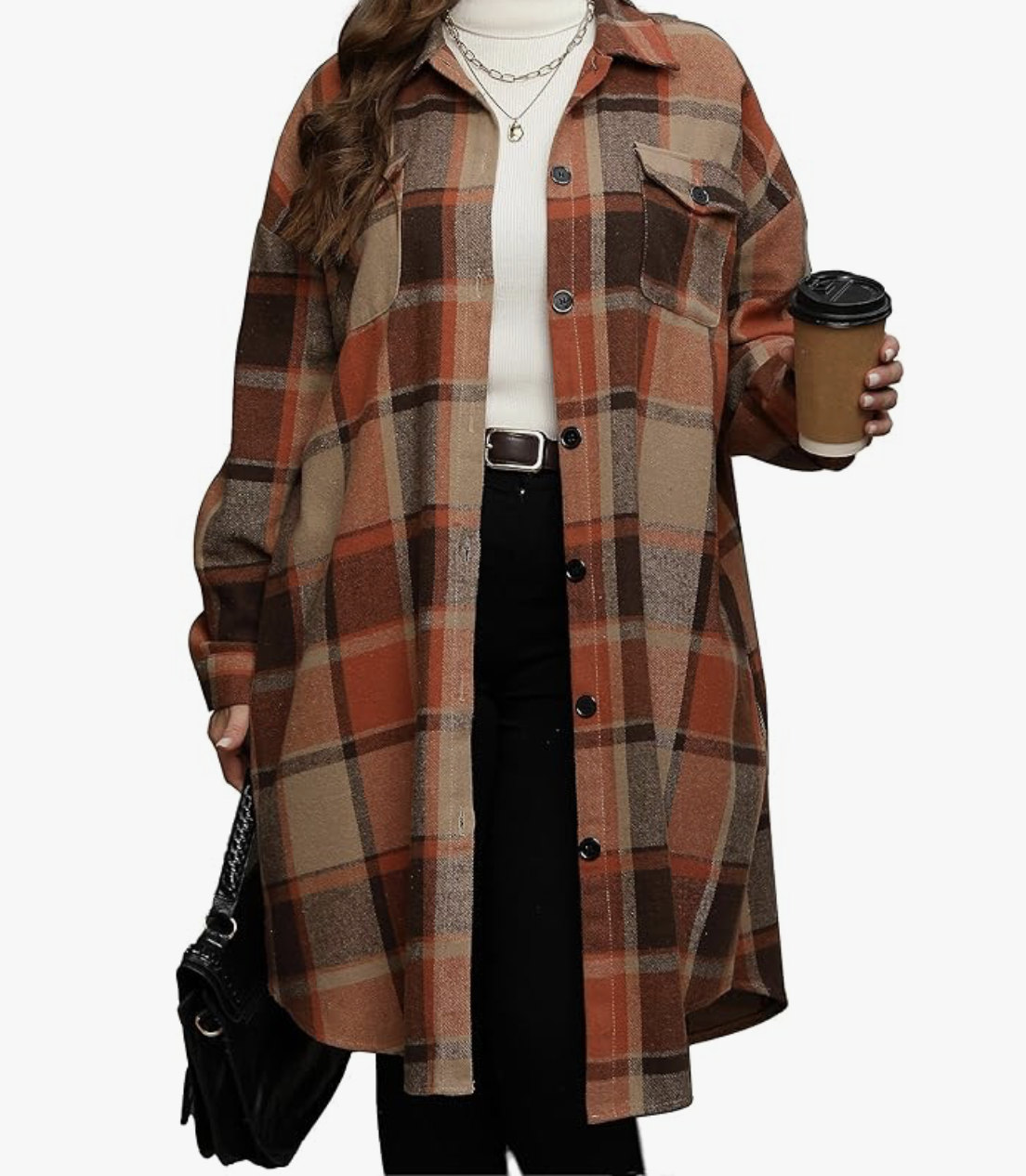 Women's 2025 Plus Size Plaid Flannel Shacket Loose Fit Long Shirts Jacket Tartan Boyfriend Oversized Coat