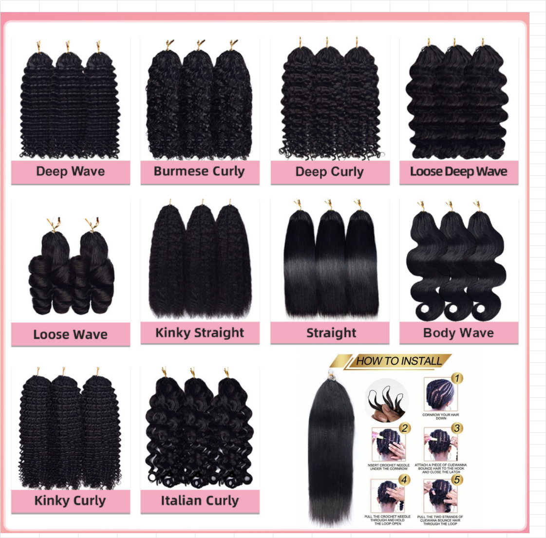 Natural Black Color Feather Crochet Multi Texture 100% Human Hair Bulk Extension 