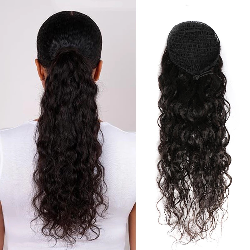 Flower Hair Factory Custom Natural Human Hair Wrap Drawstring Ponytail Clip in Ponytails Hair Extensions