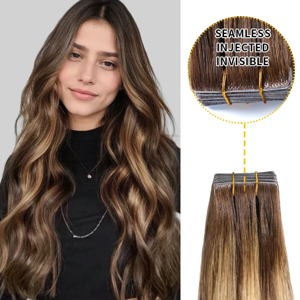 Flower Hair Factory Custom Invisible Tape Hair Extensions Injected Tape In Hair