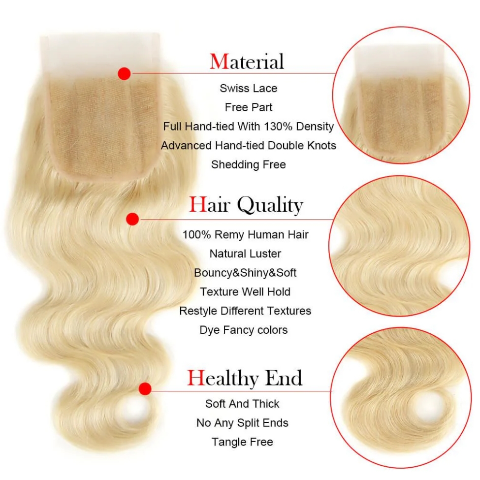 100% Natural Human Hiar Blonde Color 613 Straight Body Wave Transparent HD Swiss 4x4 5x5 6x6 7x7 Lace Hair Closure