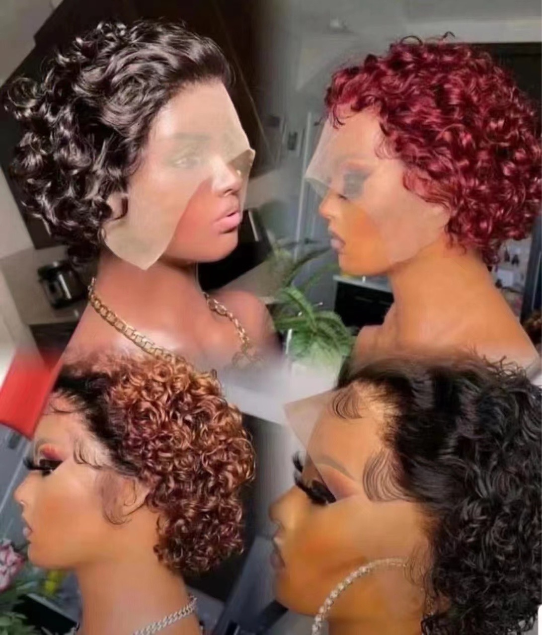 Short Pixie Curly 100% Natural Real Human Hair Lace Frontal Wigs Collection 