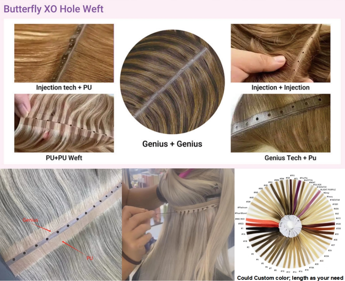 Flower Hair Factory Custom Blonde Highlight XO Hole Invisible Butterfly Twin Tab hair extension weft