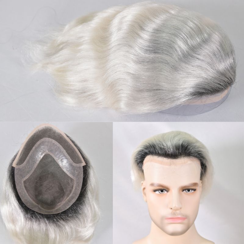 100% Natural Human Hair Silver Gray Men's Hair Toupee