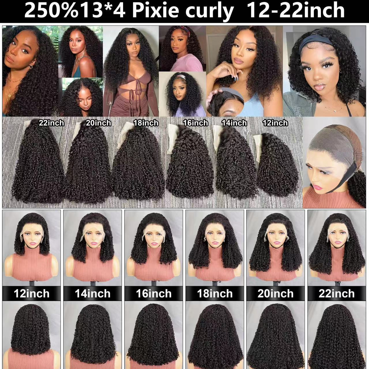 Flower Hair Factory Double Drawn Pixie Curly Wig 250% Density 13*4 Lace Front Wig 100% Natural Human Hair