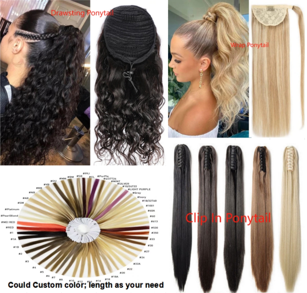 Flower Hair Factory Custom Natural Human Hair Wrap Drawstring Ponytail Clip in Ponytails Hair Extensions