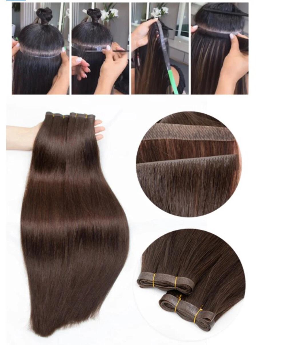Flower Hair Factory Custom Straight Brown Invisible Long Tape Weft Hair Extensions Injected Tape Wefts