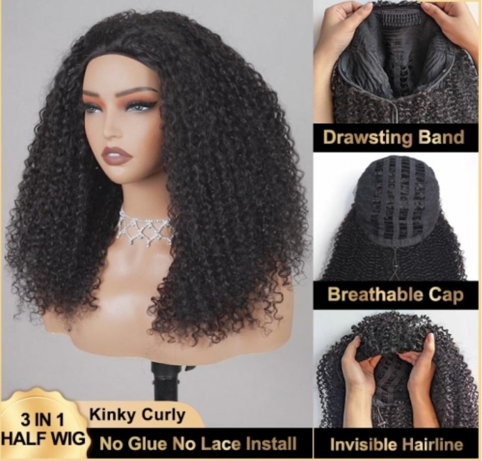 Flower Hair Factory Stock 100% Natural Human Hair Kinky Curly Deep Wave Deep Curly Body Wave Kinky Straight 3-in-1 Half Wig