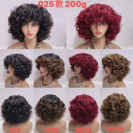 Flower Hair Factory Stock Curly 100% Natural Human Hair Machine Made Fringe Wig Collection