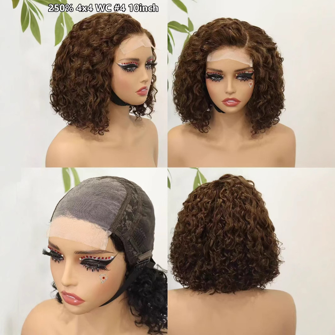 250% Density 4x4 Water Curly Lace Closure Wig 10 Inch 12inch Bob Wig 100% Natural Virgin Hair 