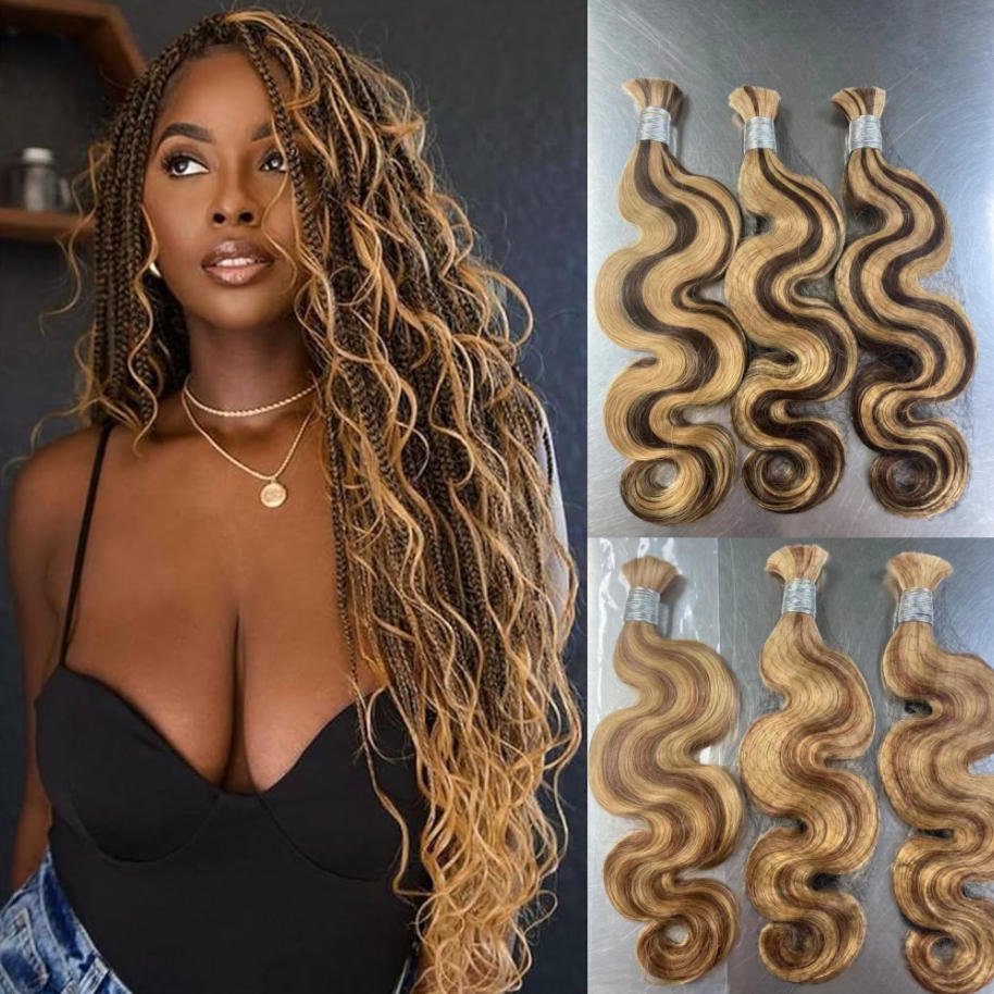 100% Natural Human Vrigin Hair Highlight Color  Body Wave Boho Braiding Hair Bulk Extensions