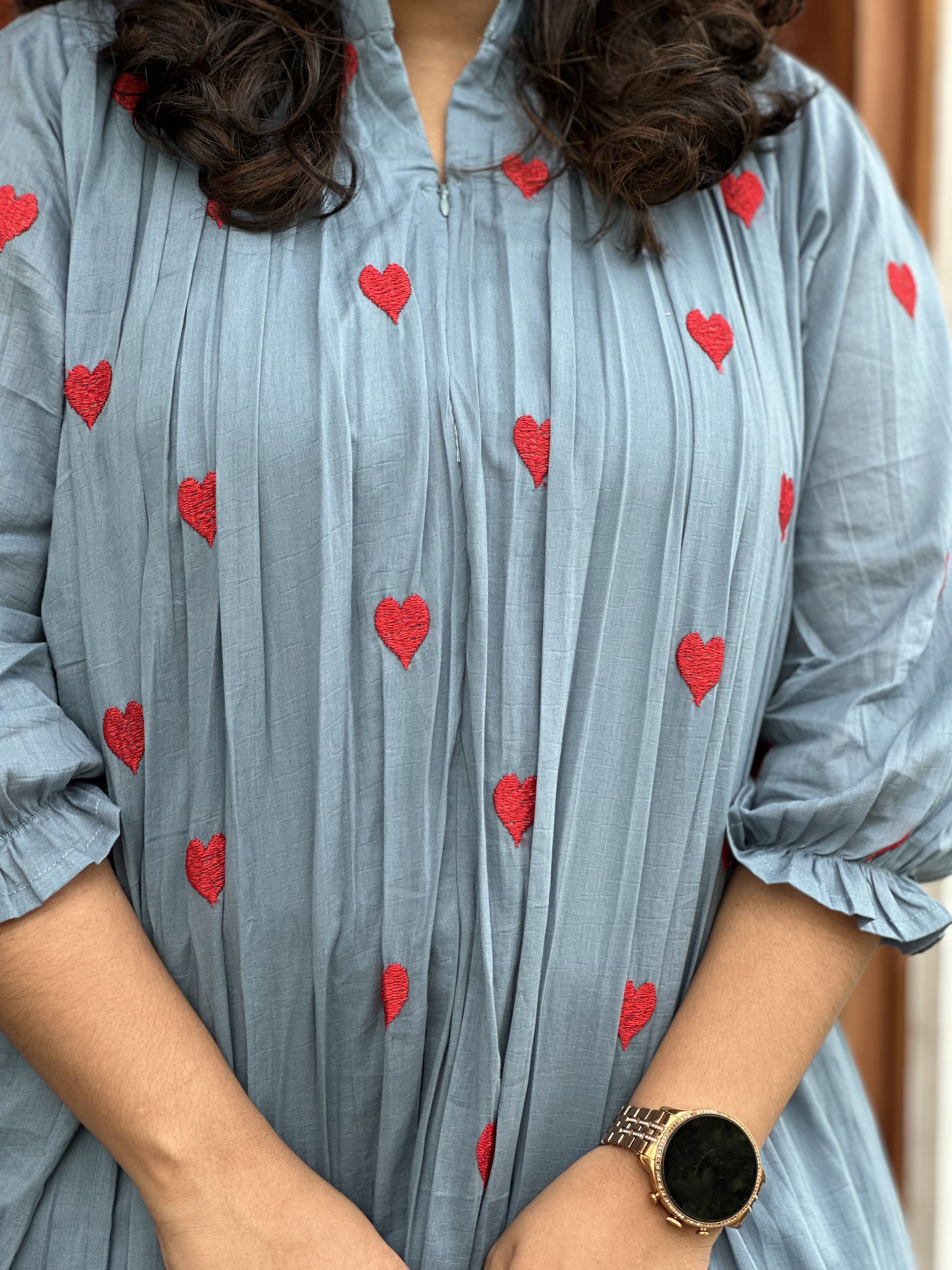 Blue Dress with Red Heart Embroidery