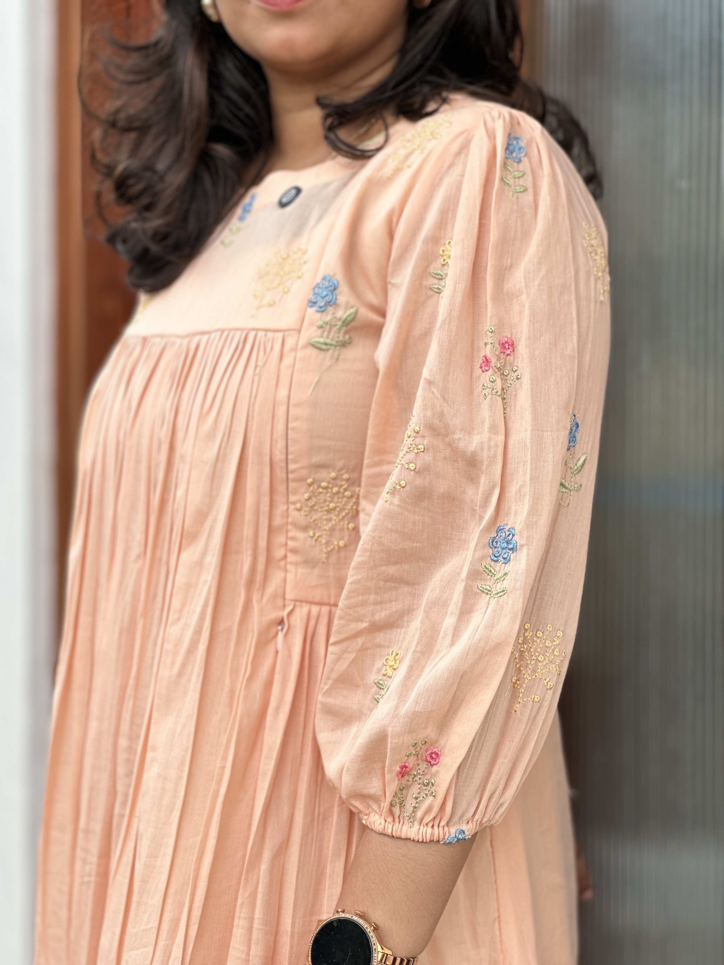 Peach Embroidered chanderi feeding Dress