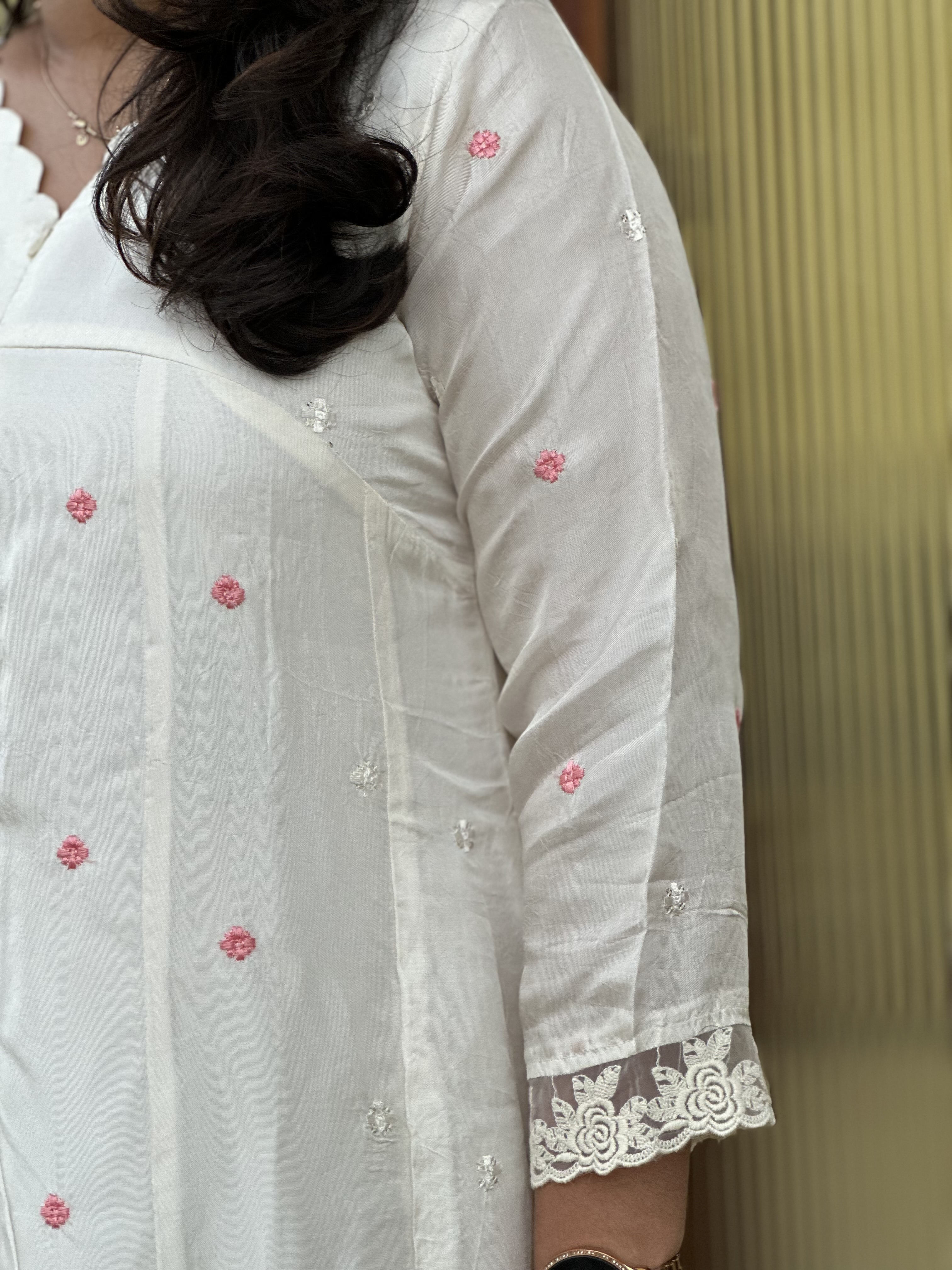White dola silk  Embroidered feeding Kurti