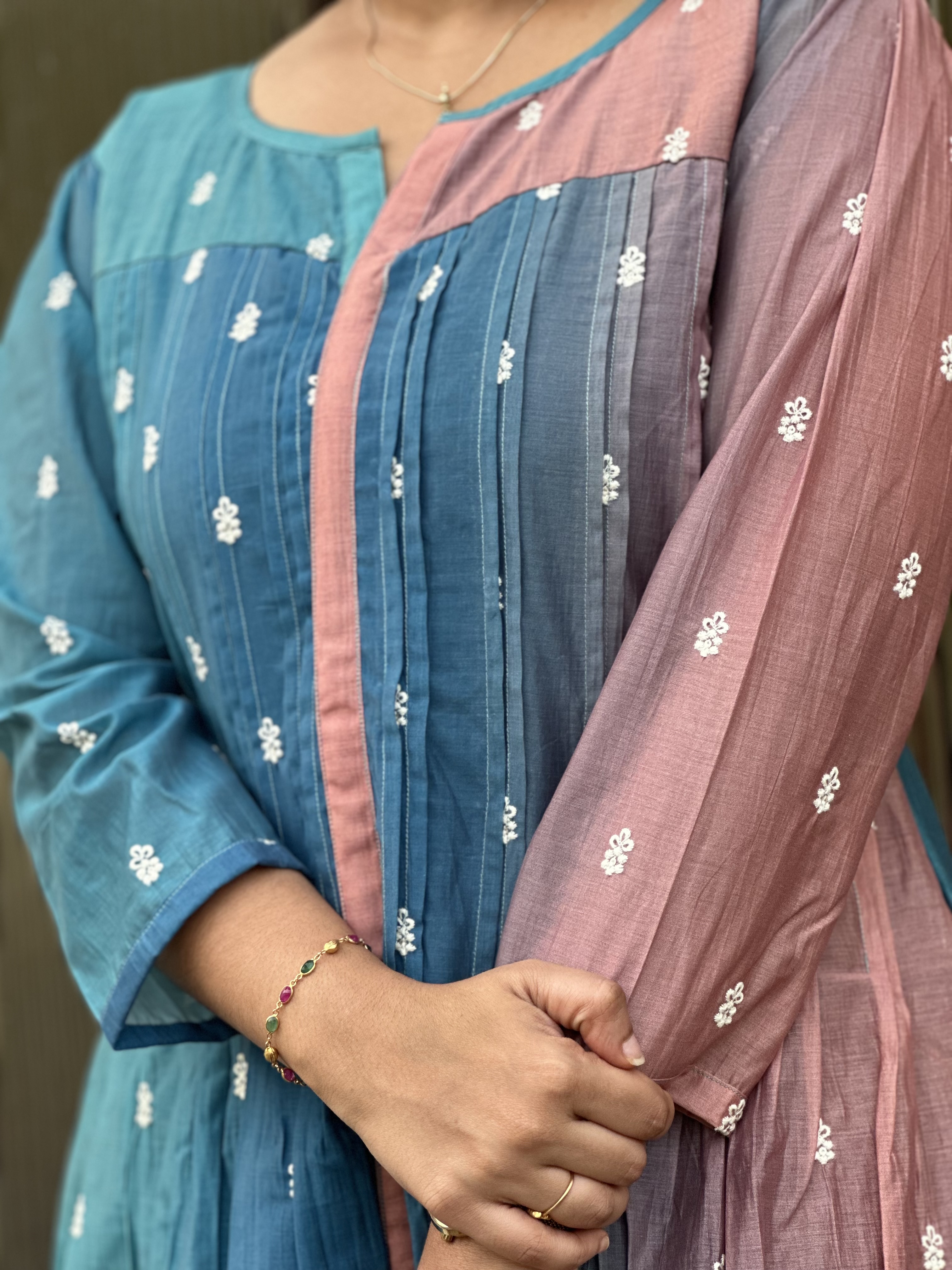 Embroidered blue pink dual-tone feeding kurti