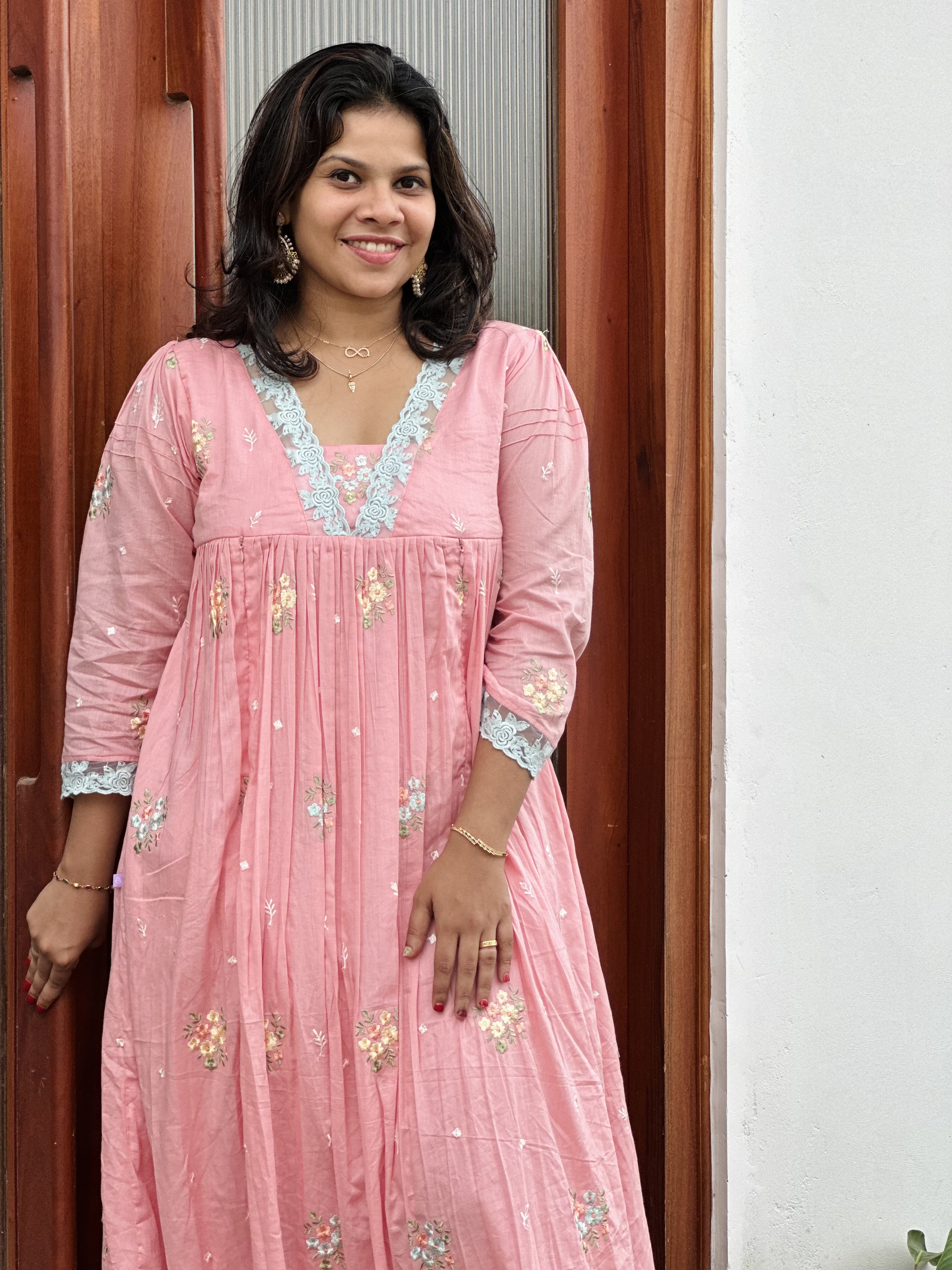 BABY PINK FLORAL MUL COTTON FEEDING DRESS