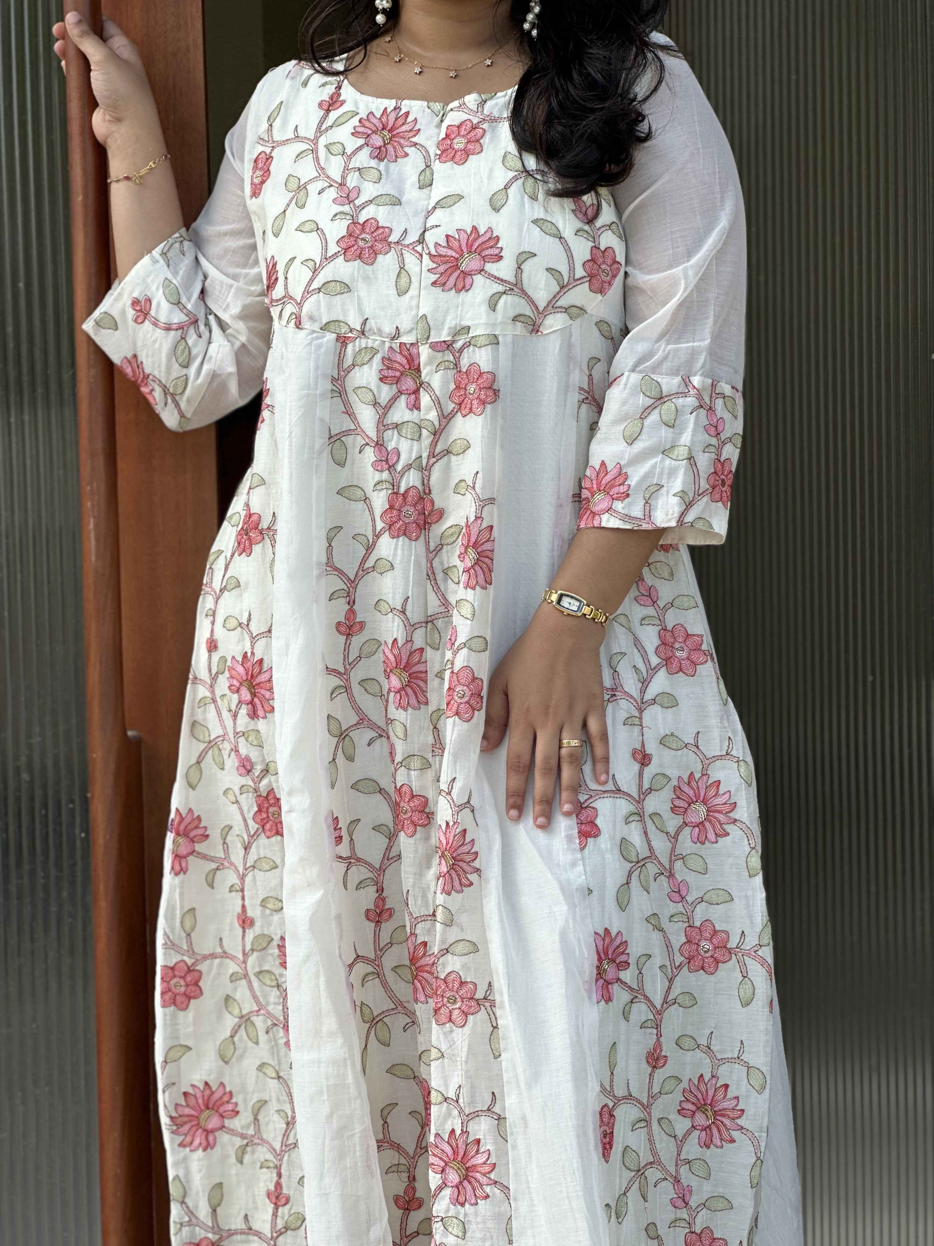 White Floral Embroidered feeding Dress