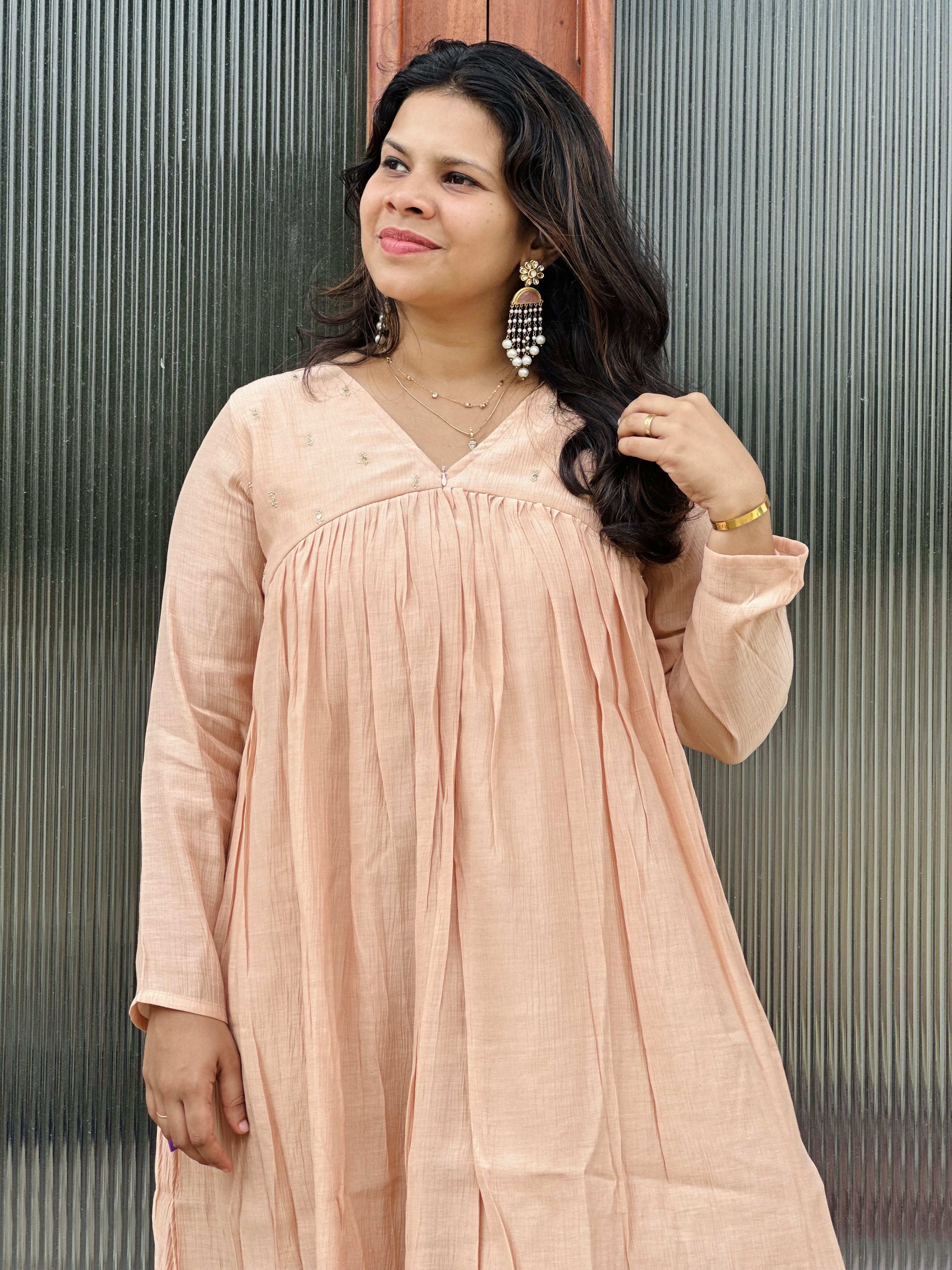 Light Peach crush Chanderi Long Flared Kurti