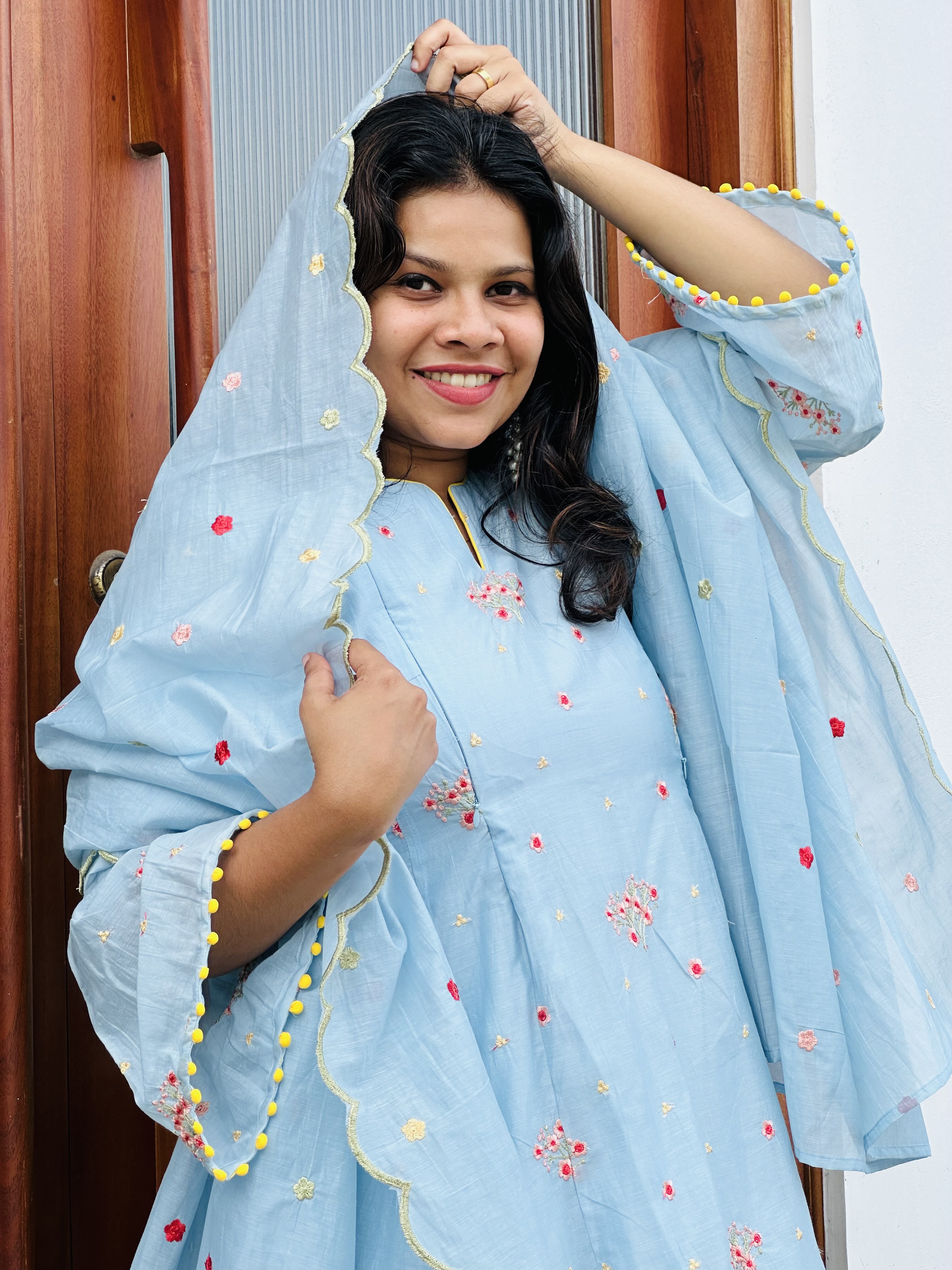 Light Blue Embroidered Feeding chanderi top with dupatta