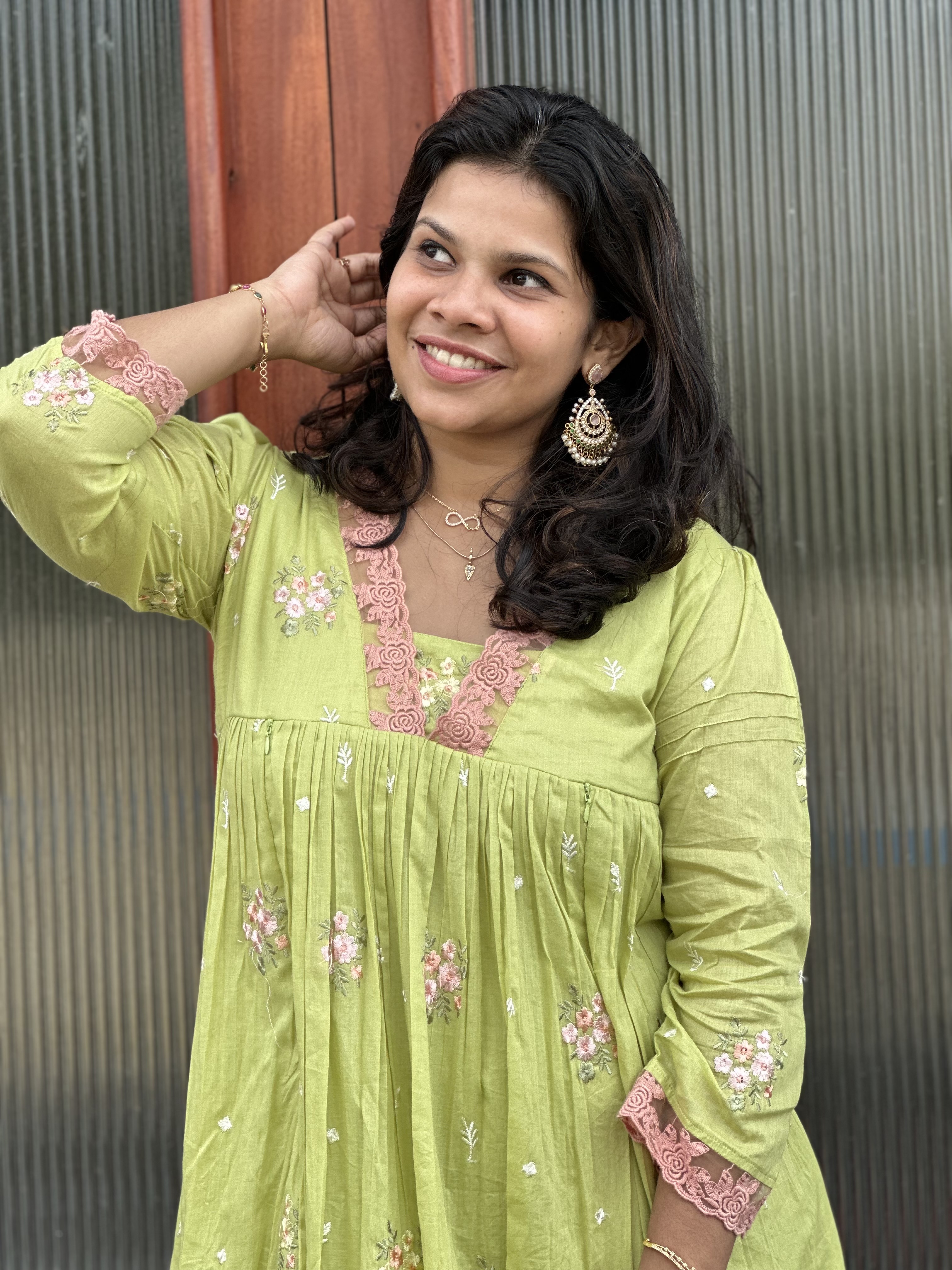 Embroidered Parrot green Feeding dress