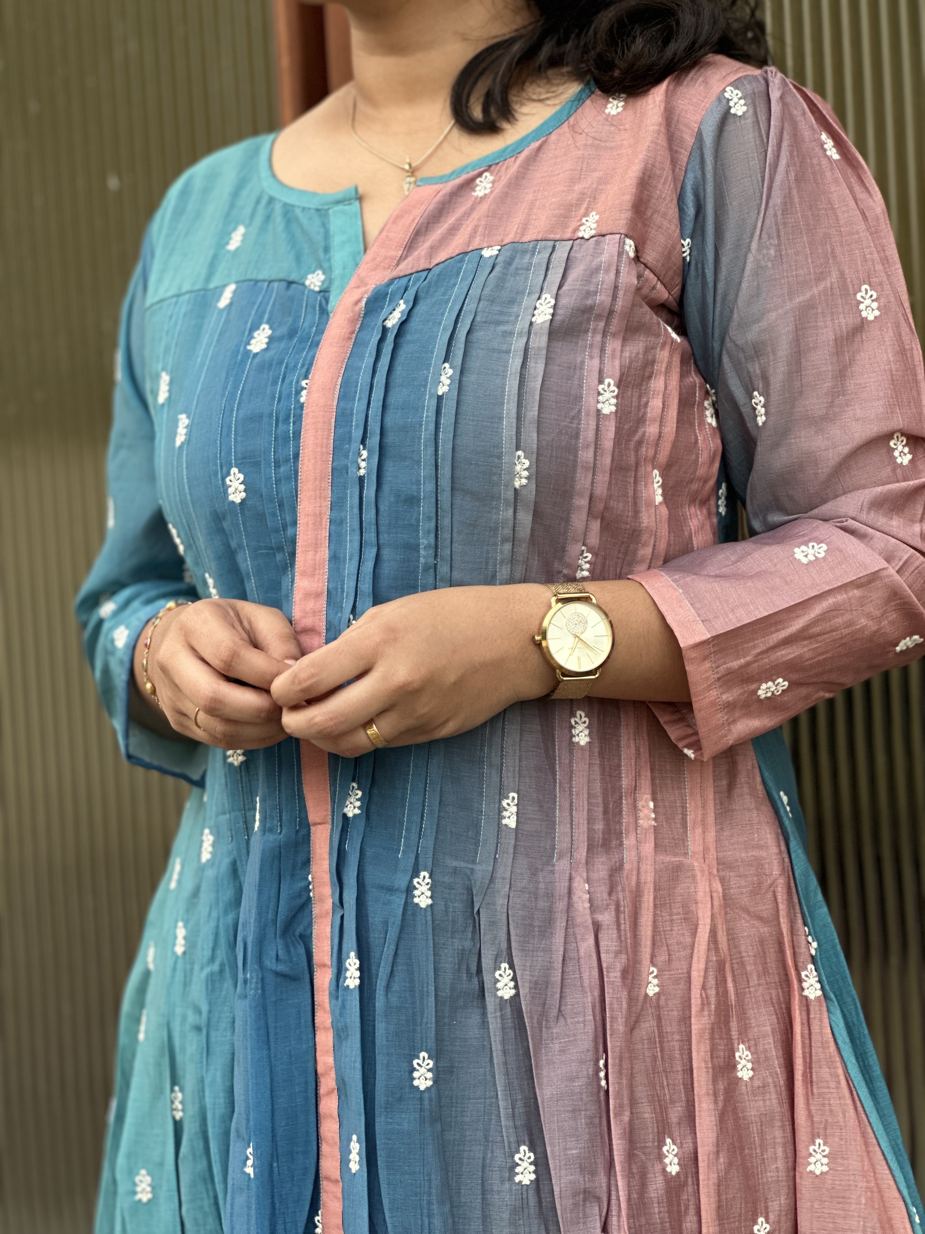 Embroidered blue pink dual-tone feeding kurti
