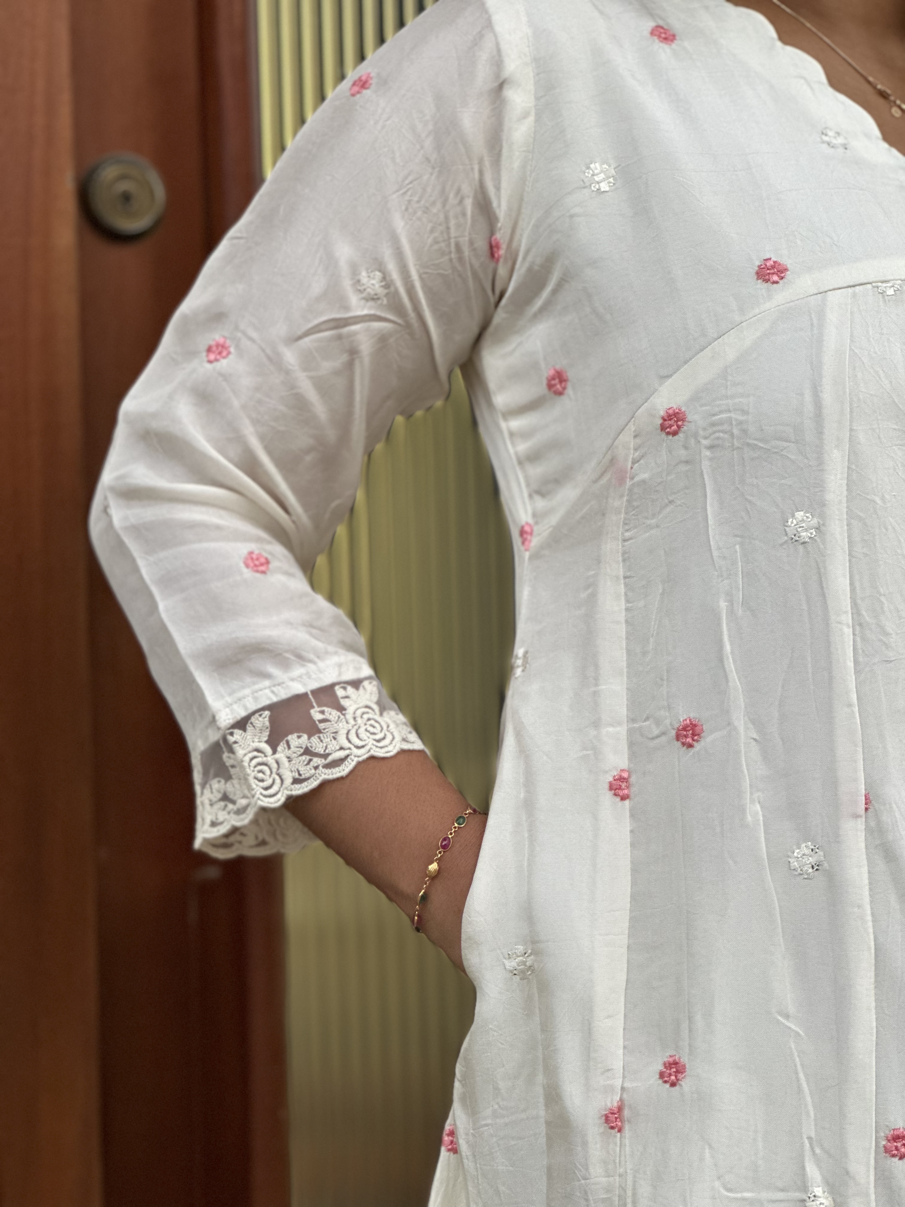 White dola silk  Embroidered feeding Kurti
