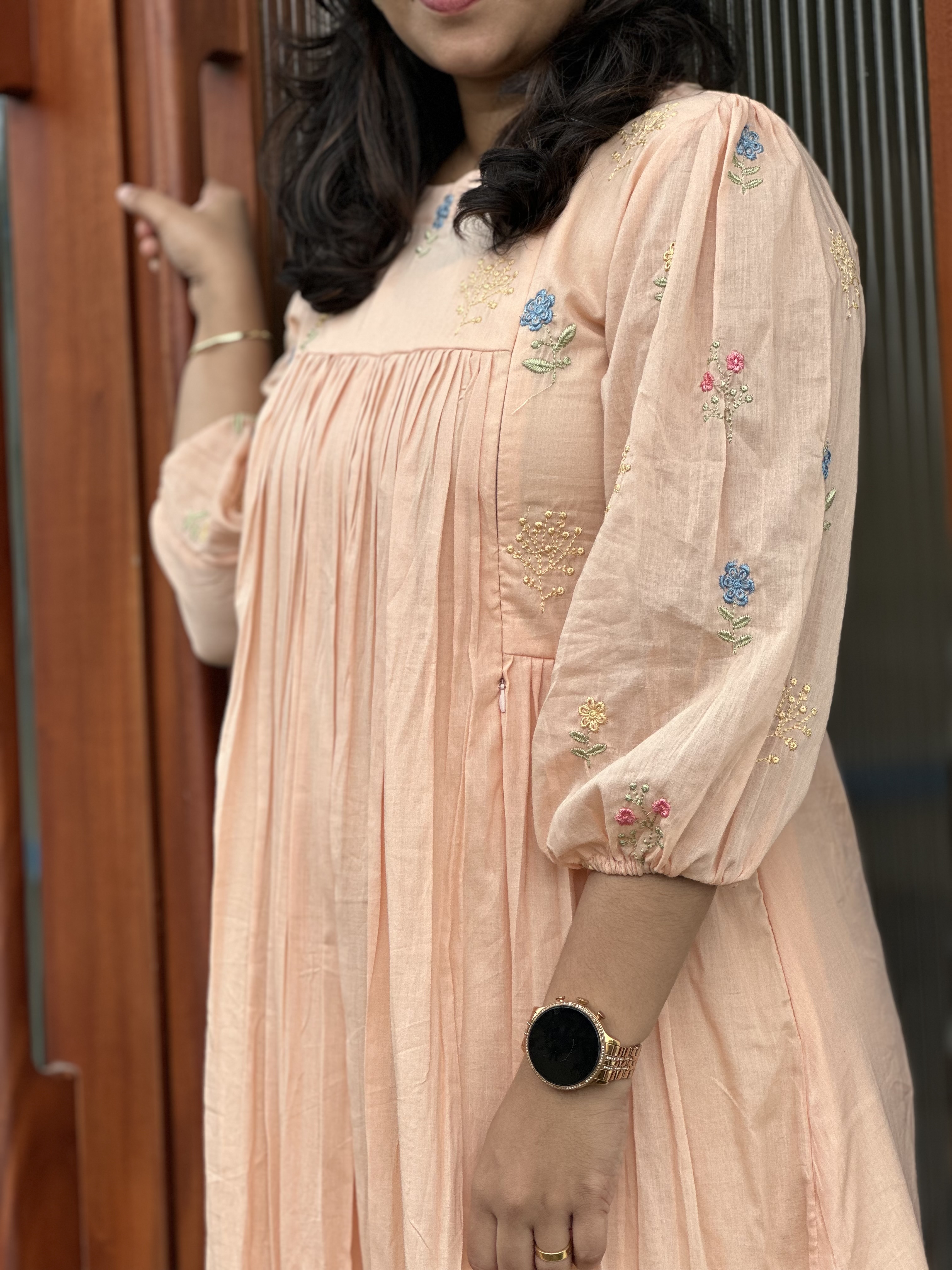 Peach Embroidered chanderi feeding Dress