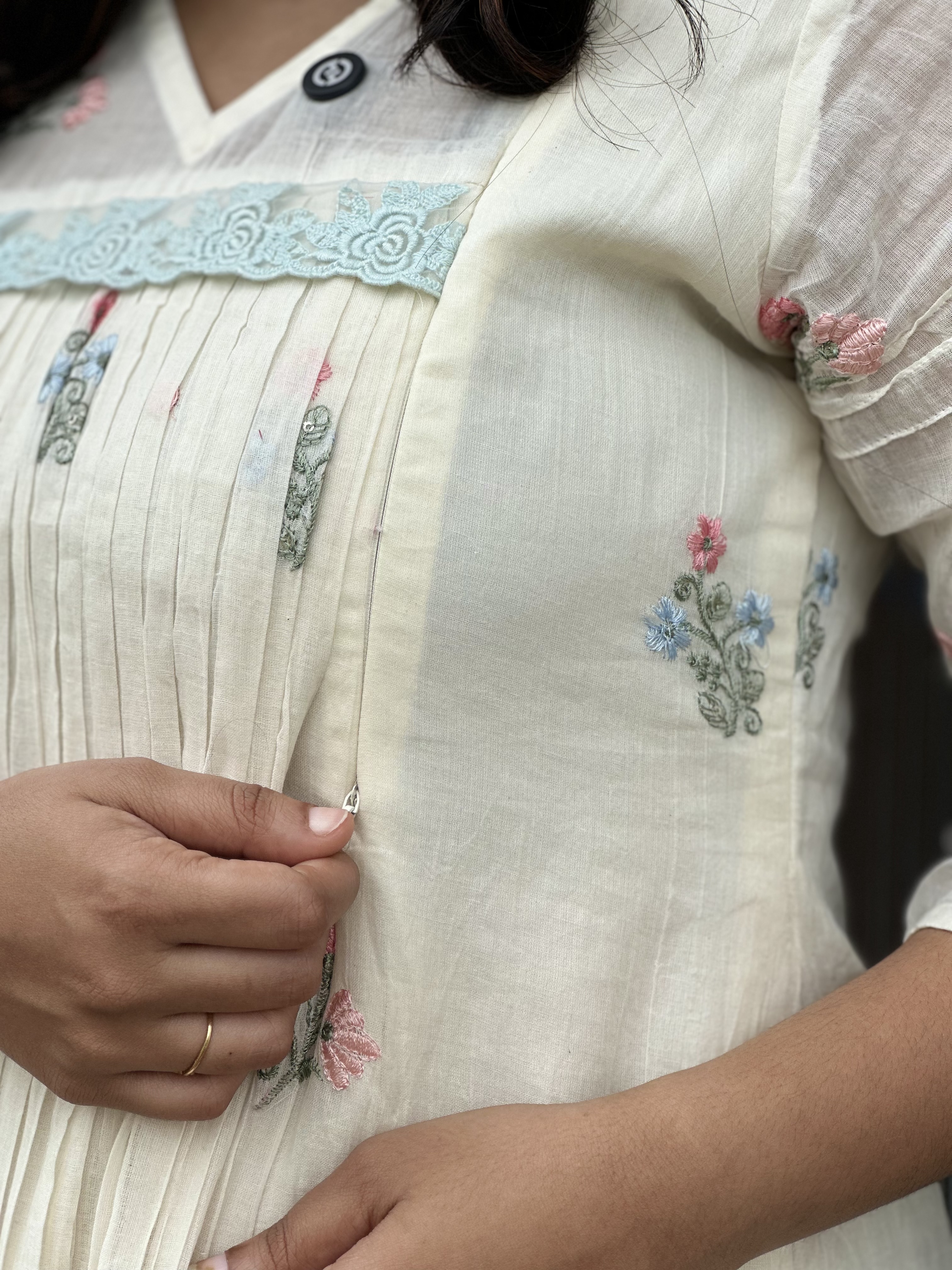 Embroidered Off-White feeeding Kurti