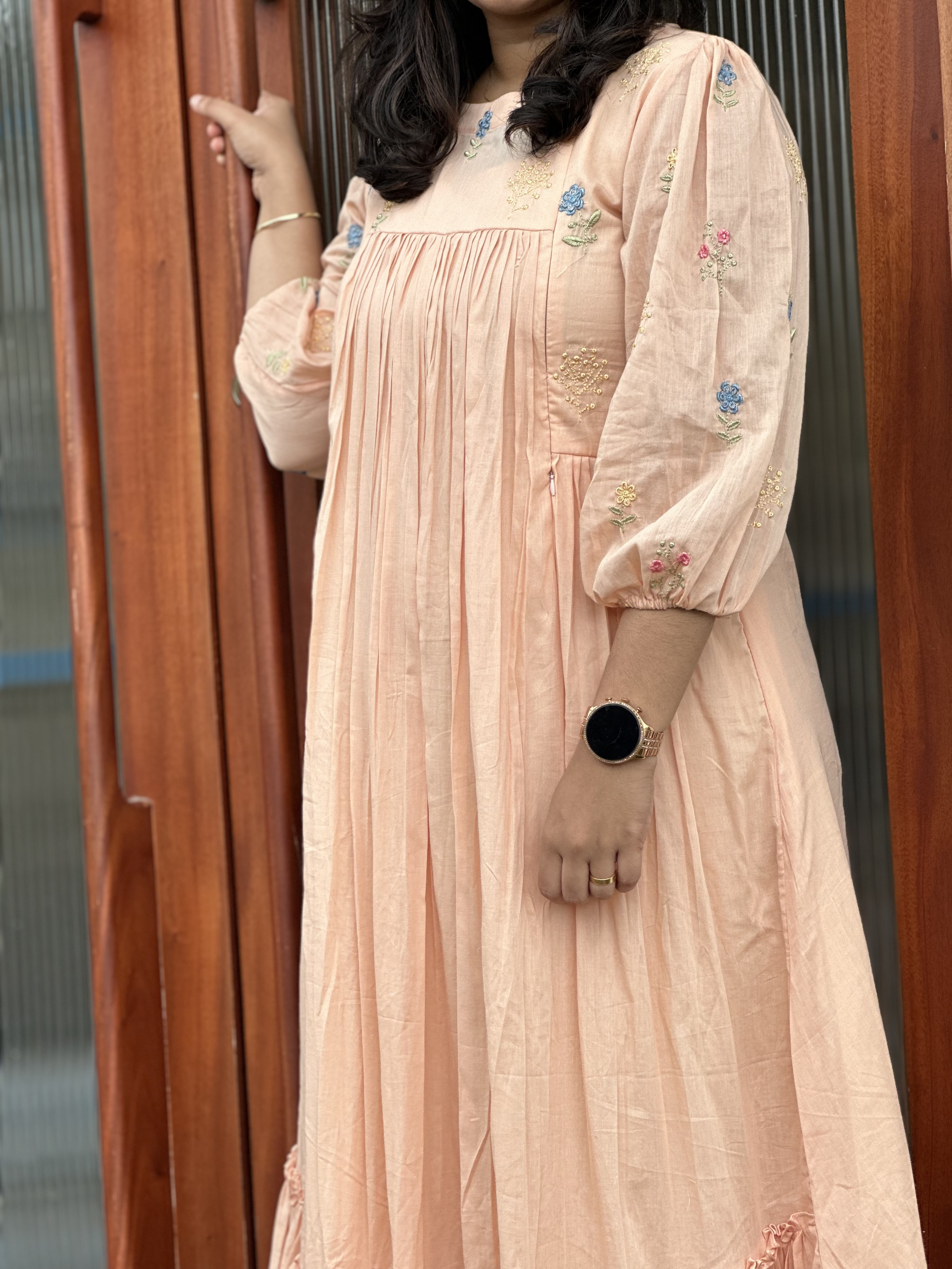 Peach Embroidered chanderi feeding Dress