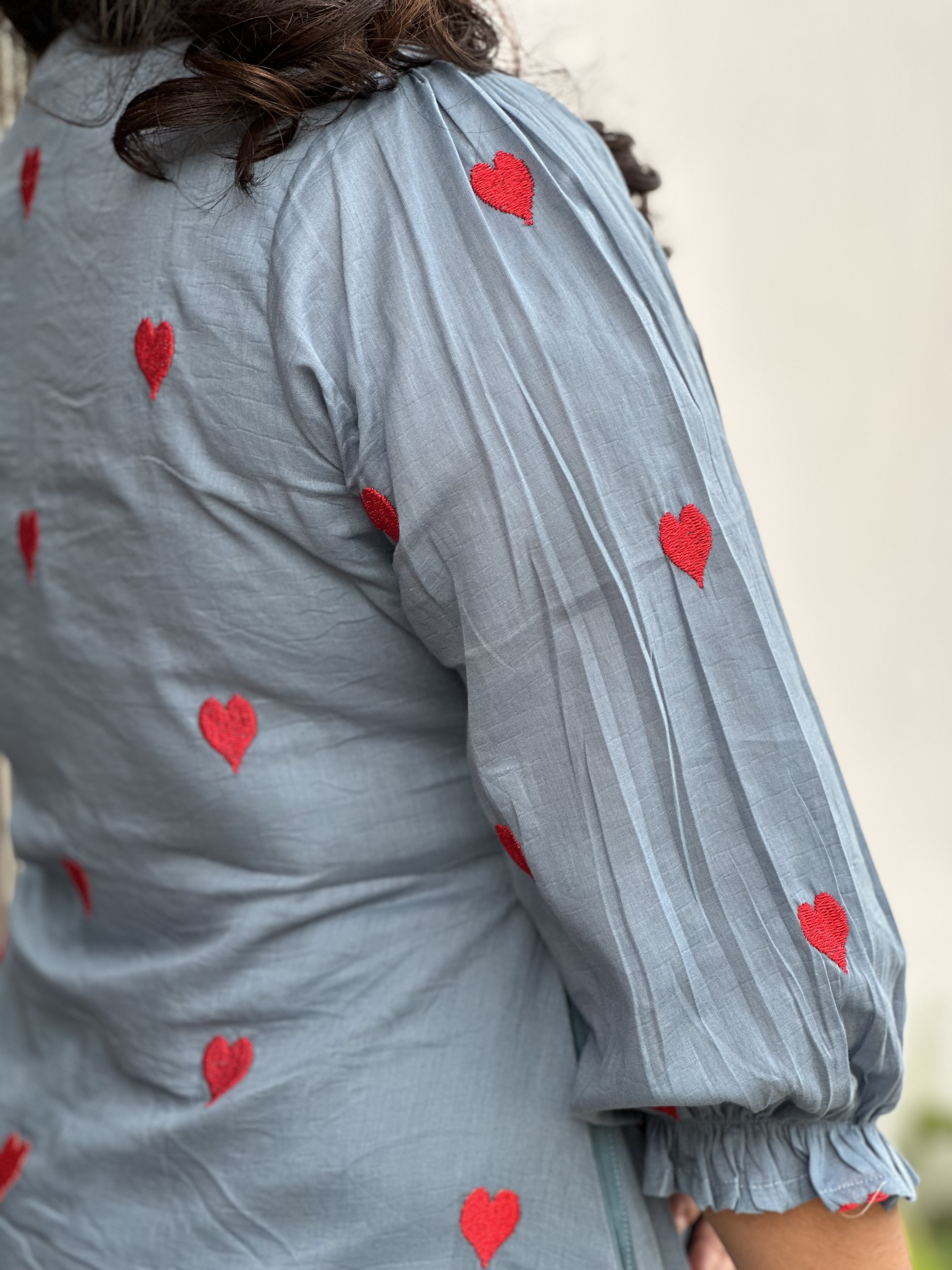 Blue Dress with Red Heart Embroidery