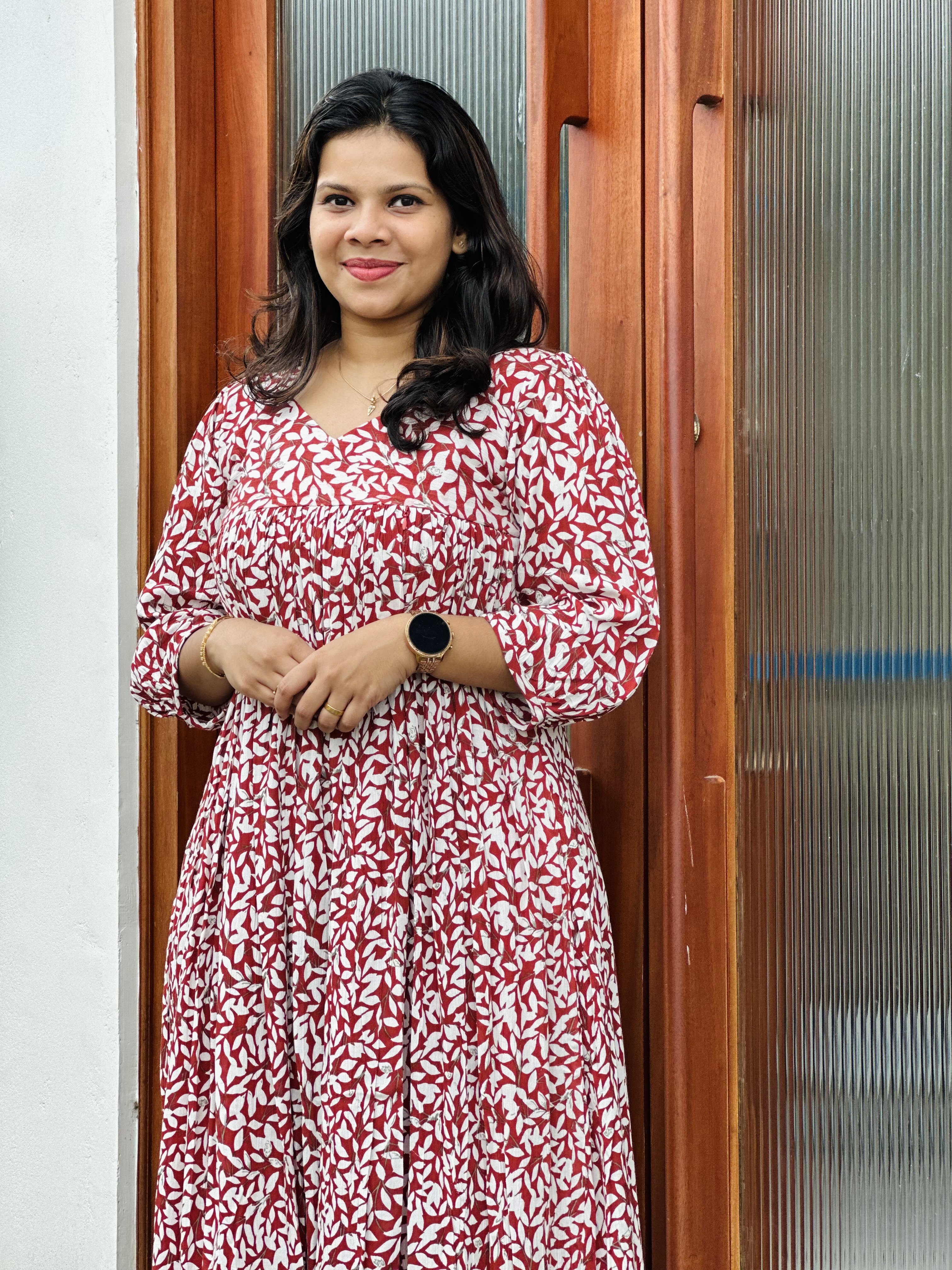 Red and White Printed feeding Maxi Dress