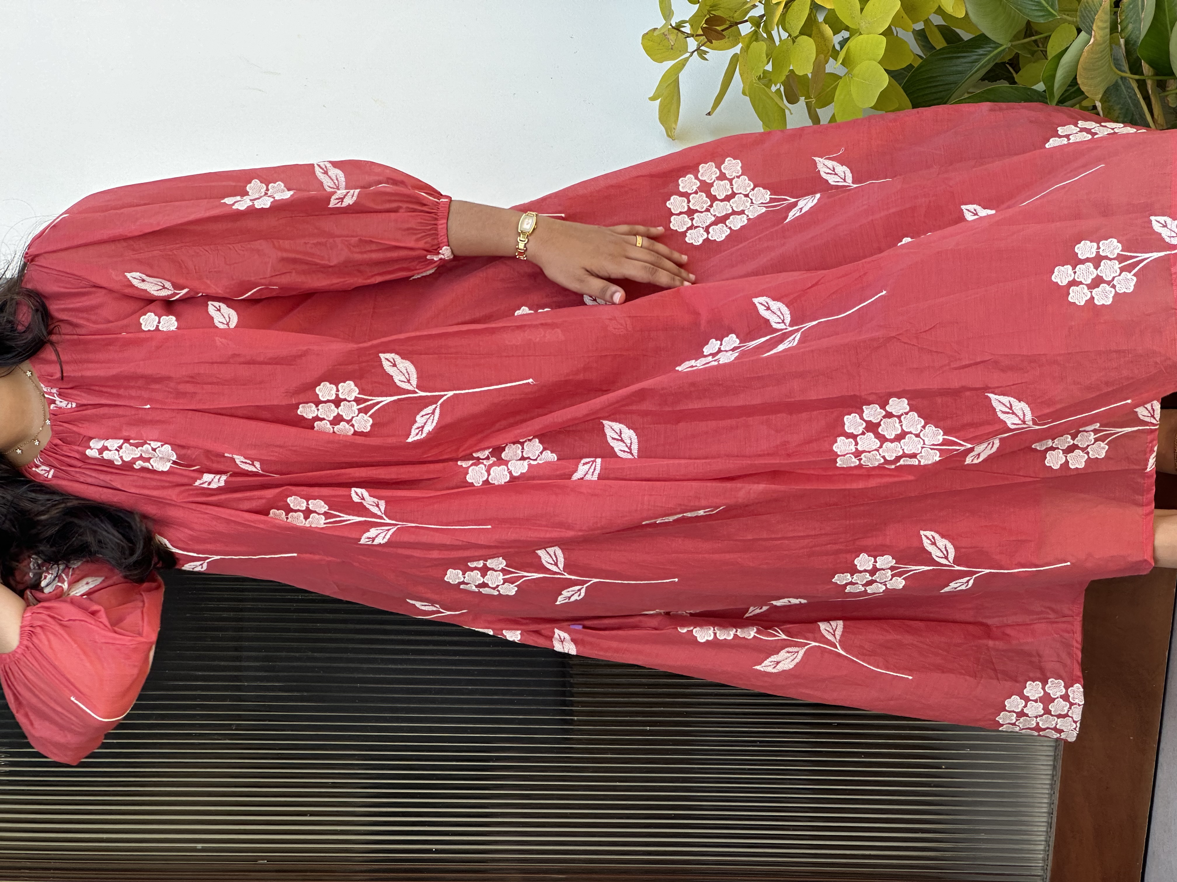 Reddish pink  glass Chanderi feeding Dress