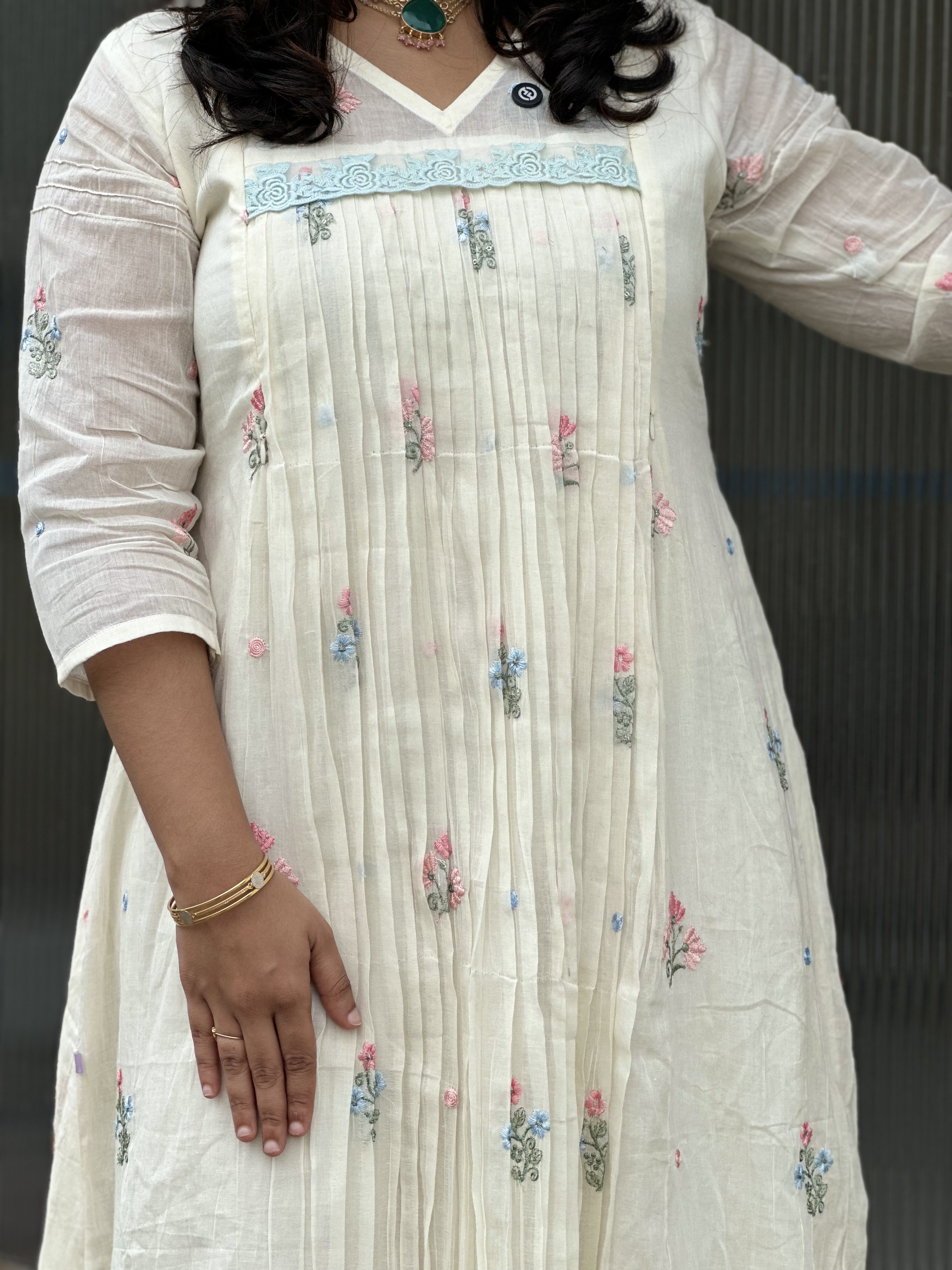 Embroidered Off-White feeeding Kurti