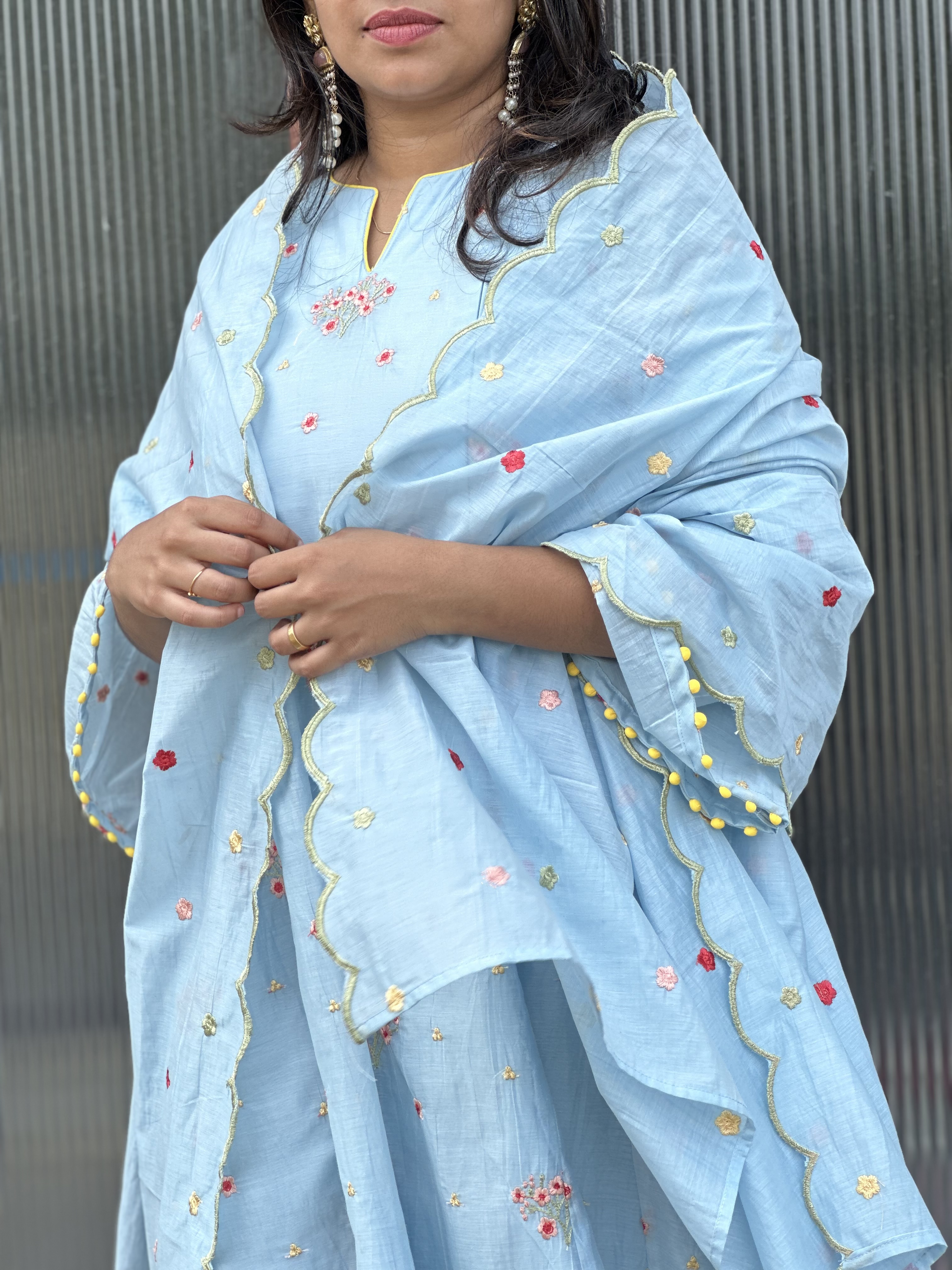 Light Blue Embroidered Feeding chanderi top with dupatta