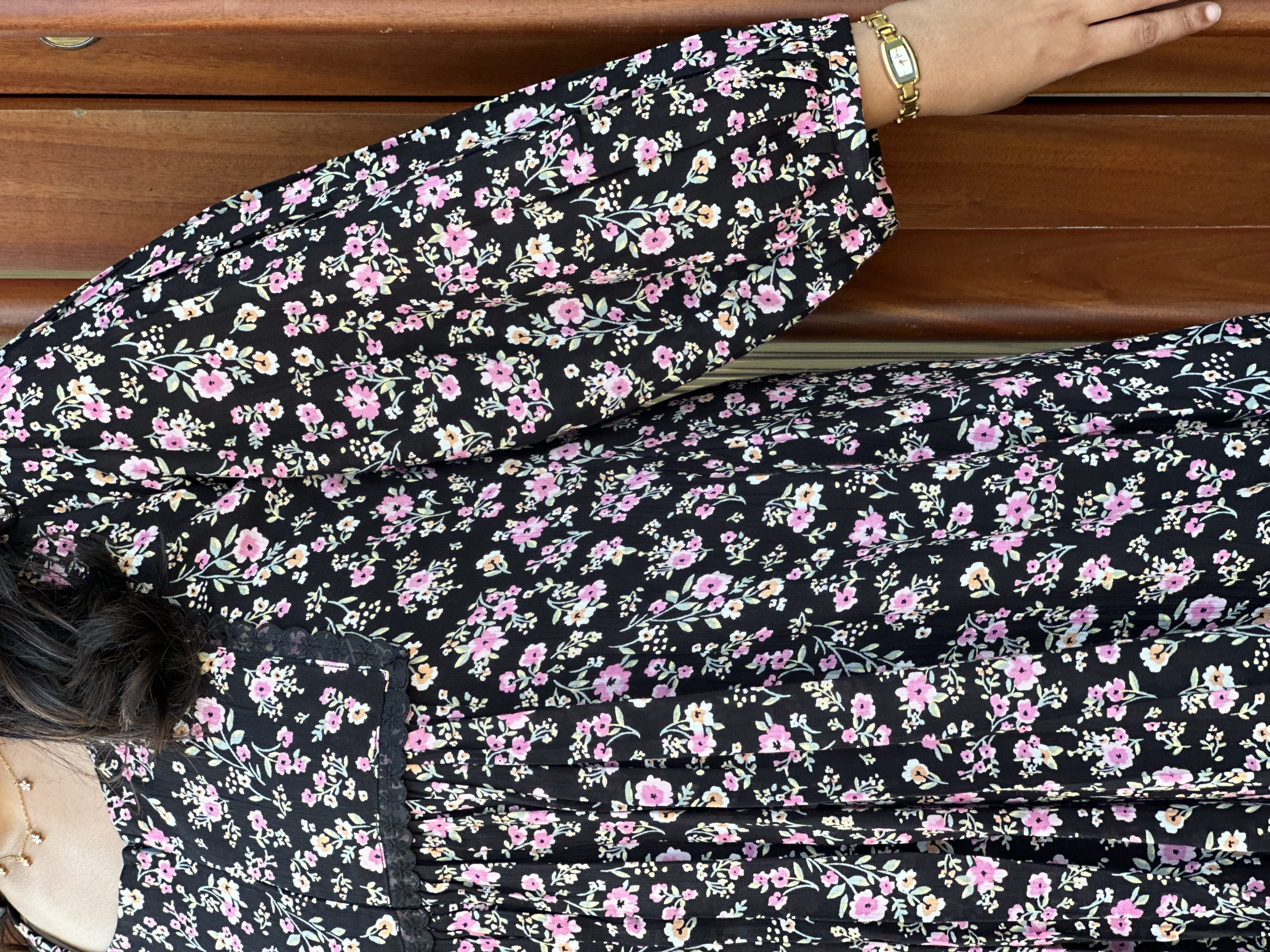 Black laced Floral Printed Long Sleeve Dress