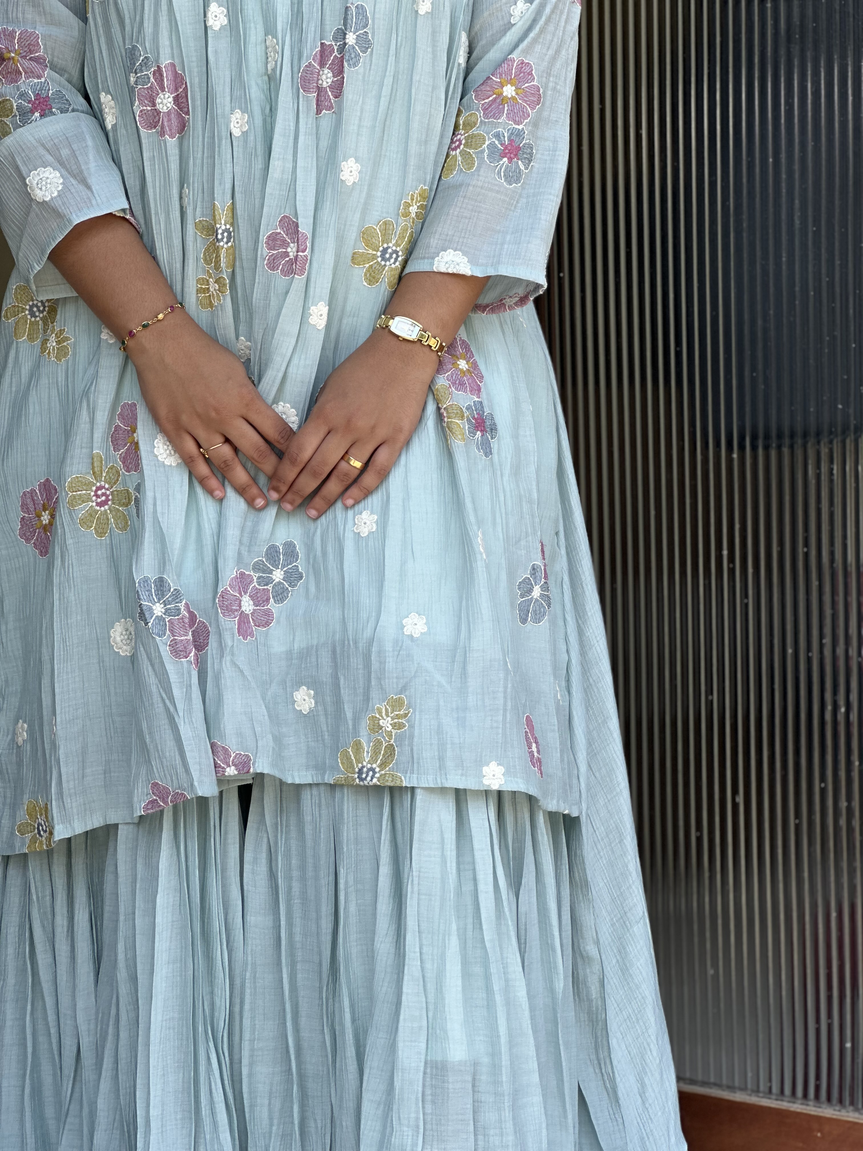 Pastel Blue crush Chanderi embroidered Feeding dress