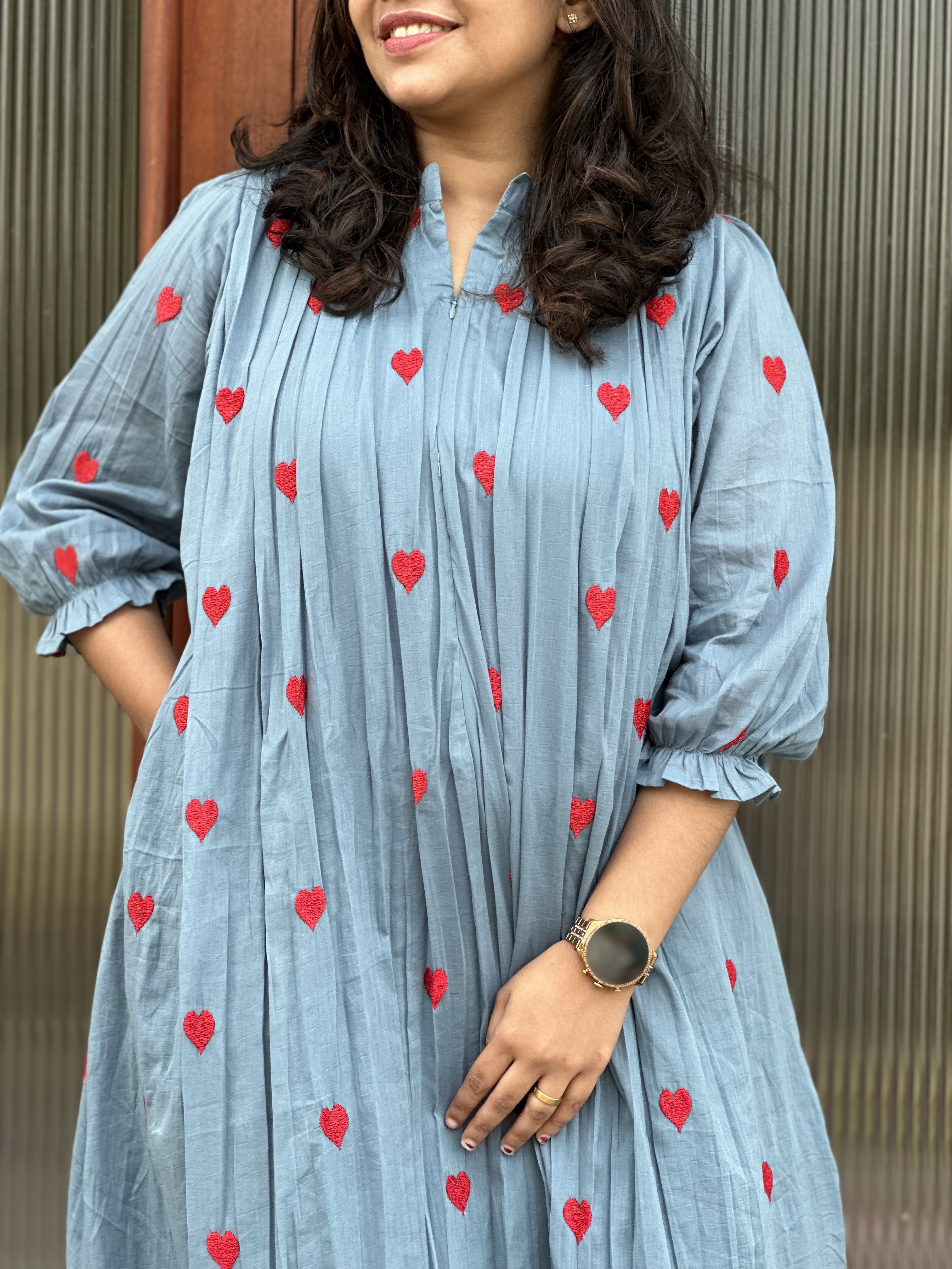 Blue Dress with Red Heart Embroidery