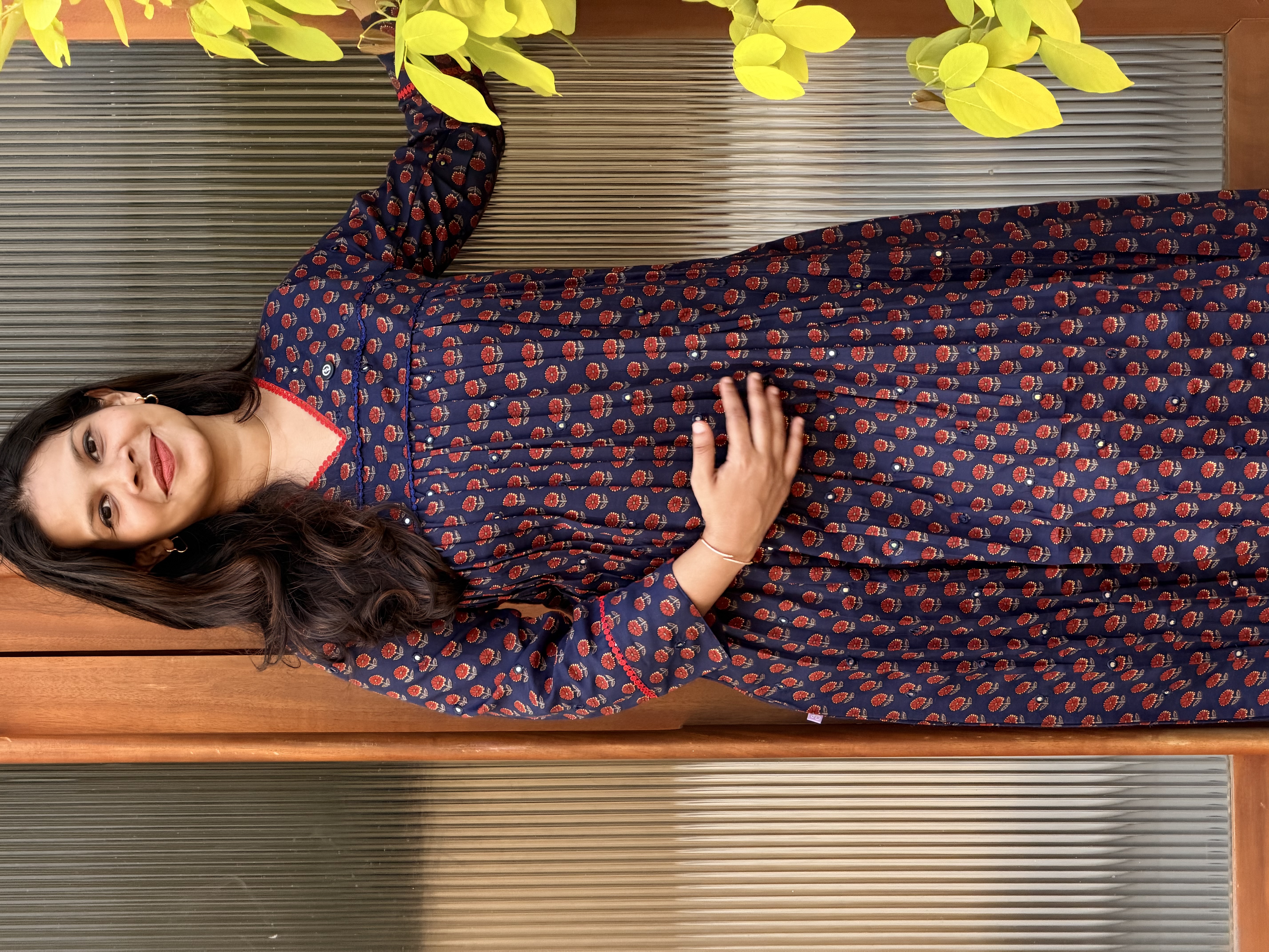  Navy Blue mirror worked feeding  Kurti