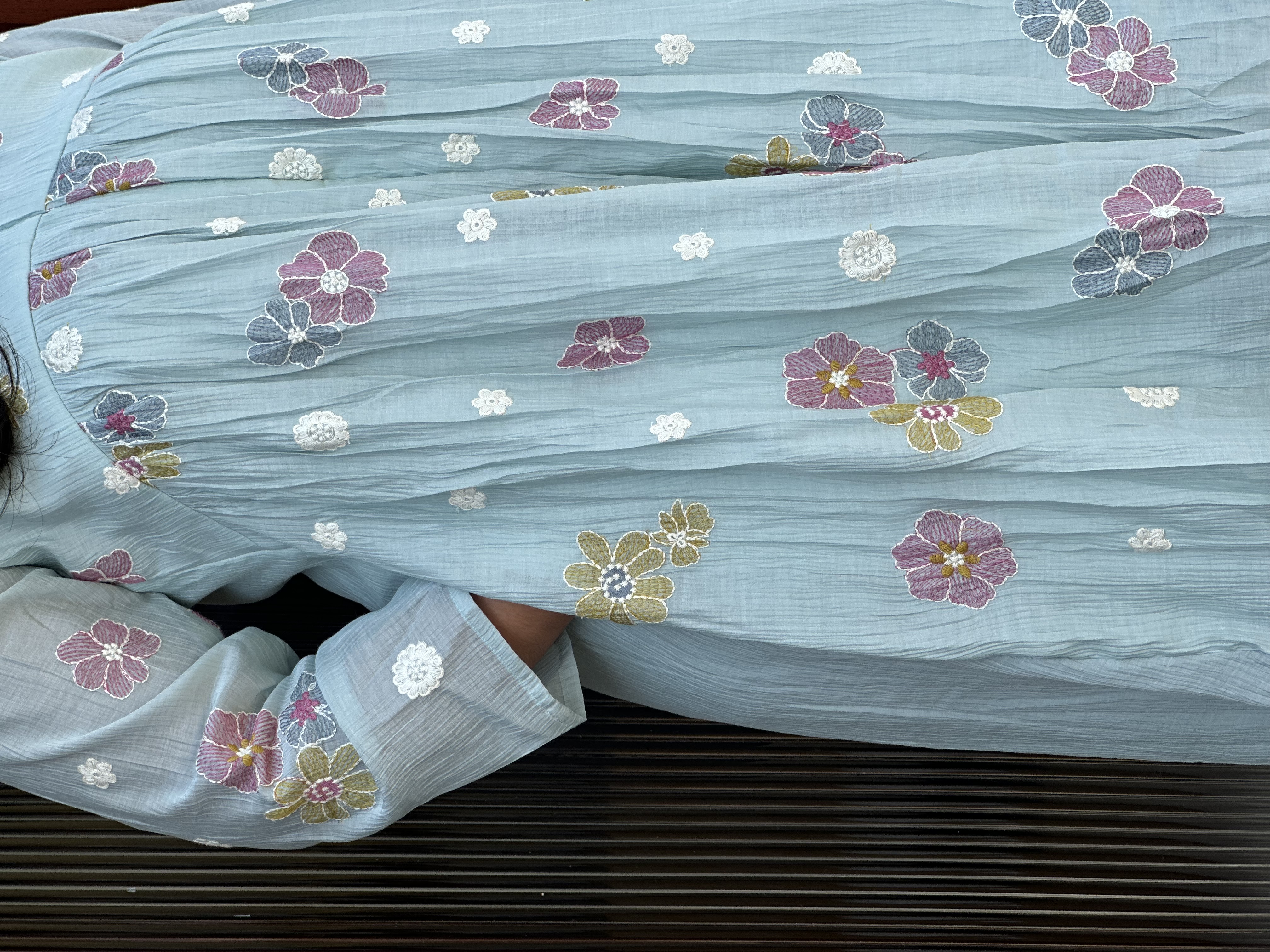 Pastel Blue crush Chanderi embroidered Feeding dress