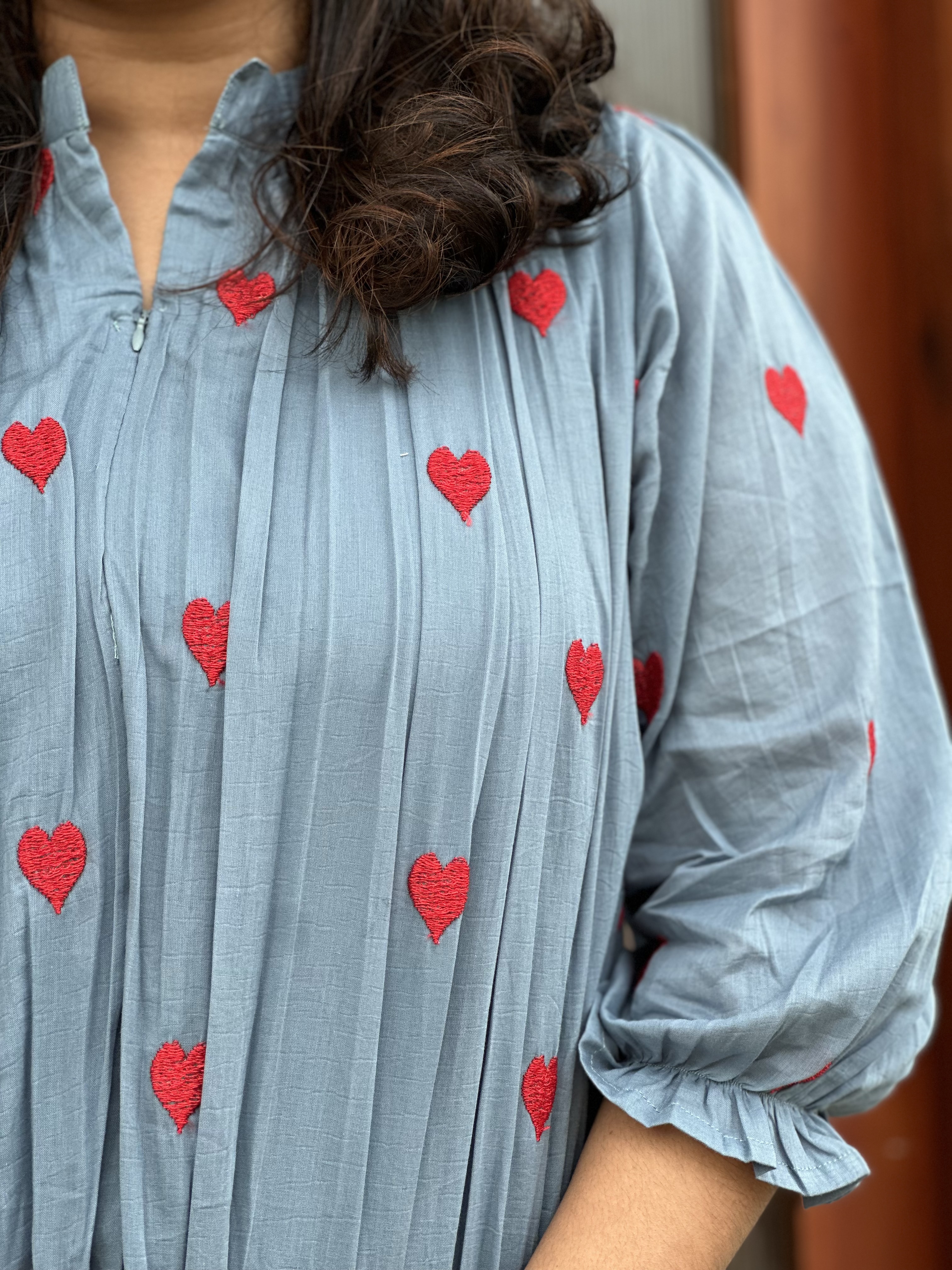 Blue Dress with Red Heart Embroidery