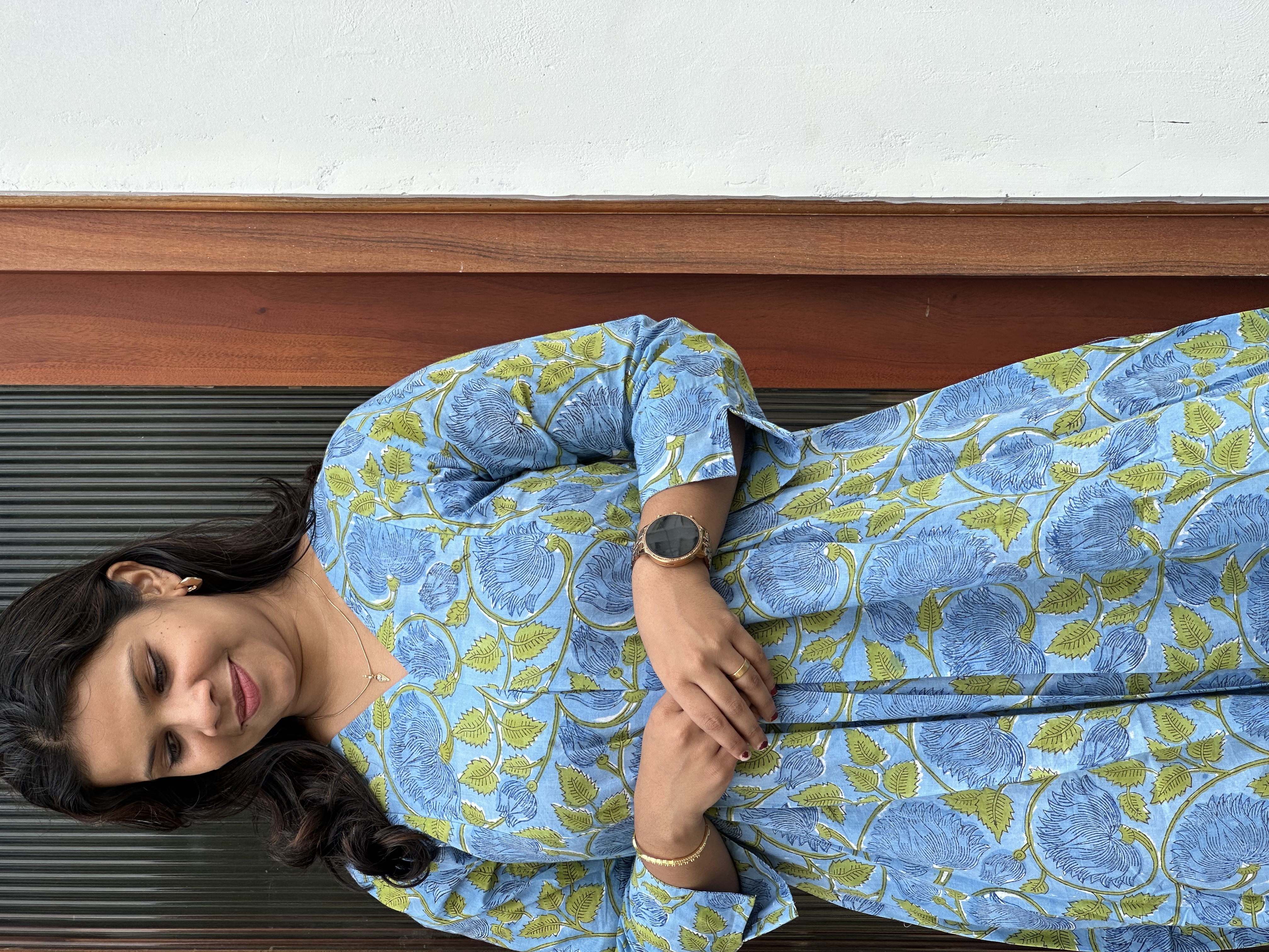 Blue Floral Hand block Printed feeding dress