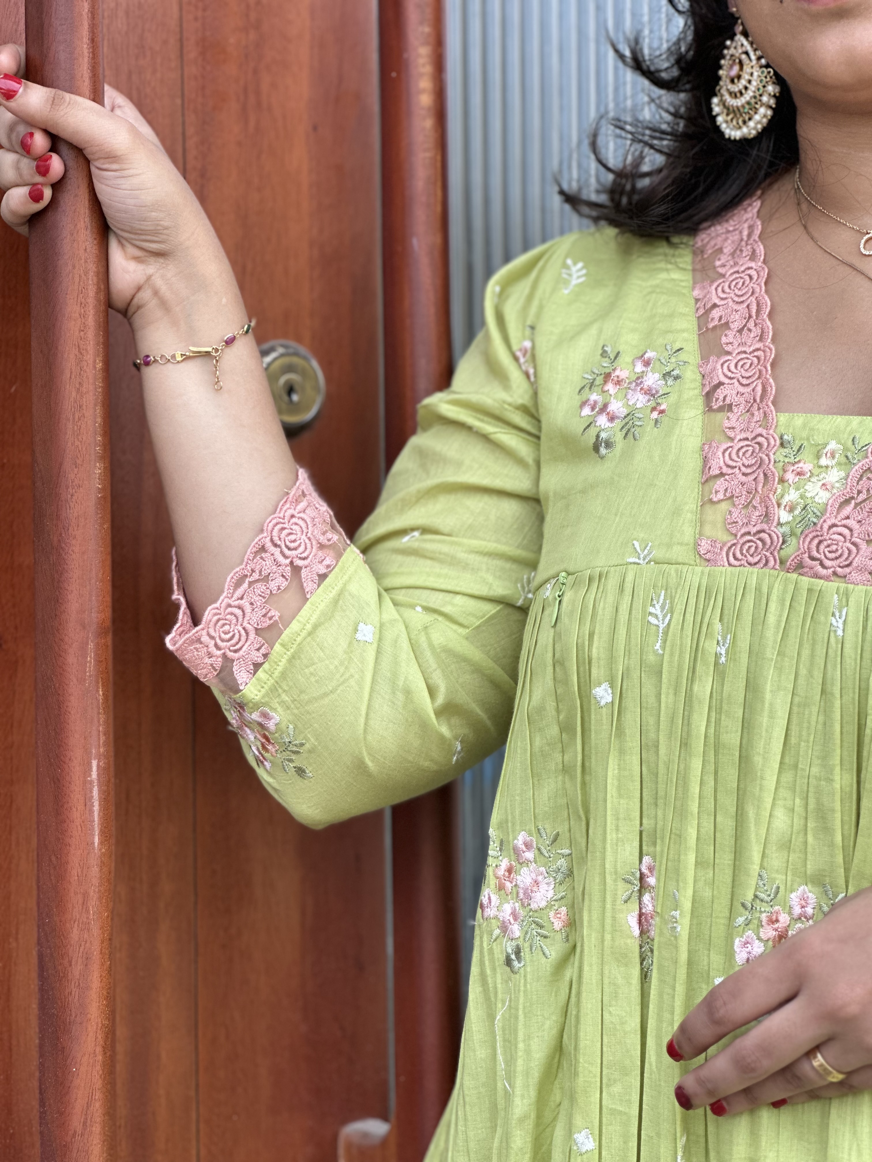 Embroidered Parrot green Feeding dress