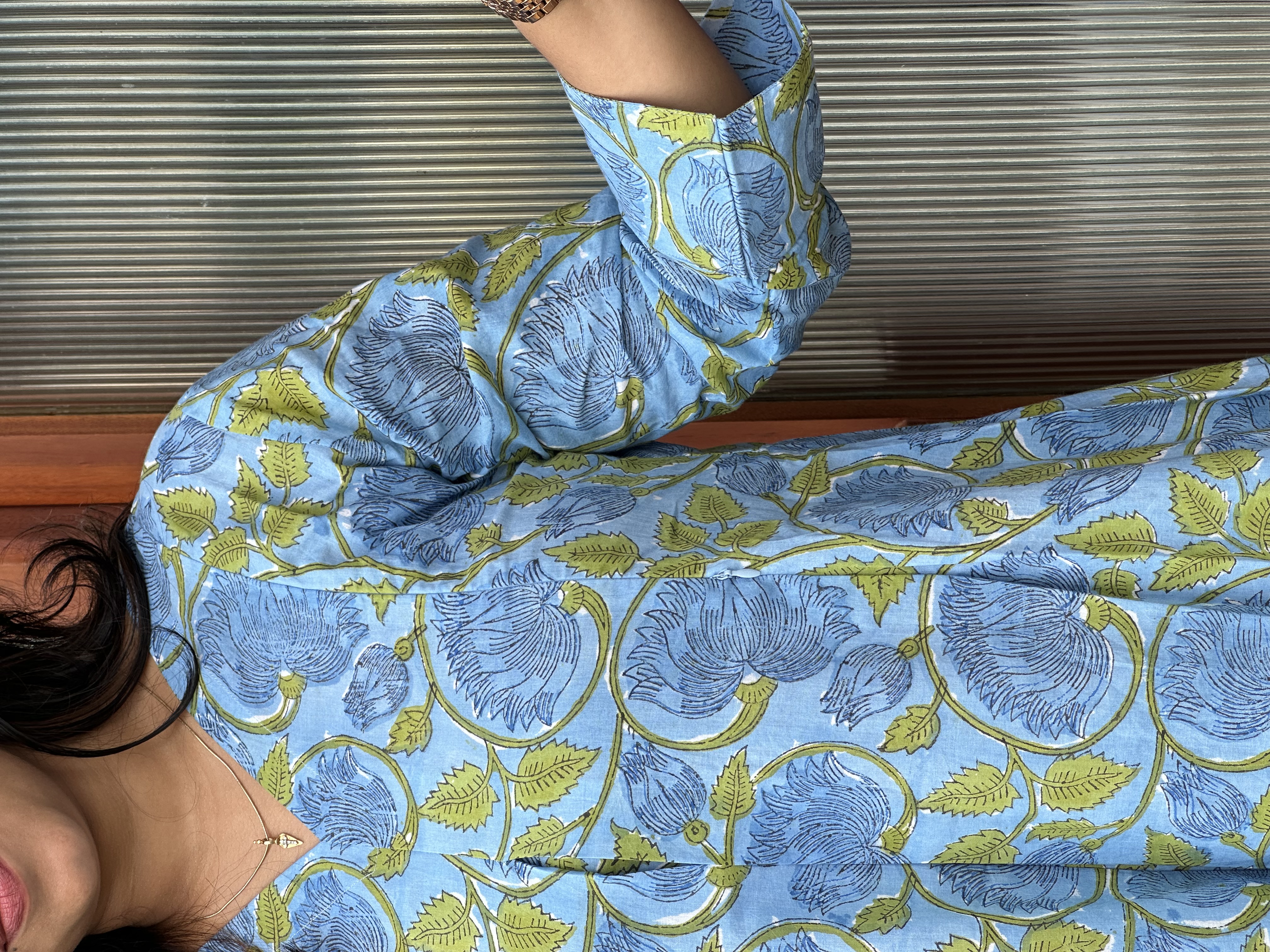 Blue Floral Hand block Printed feeding dress