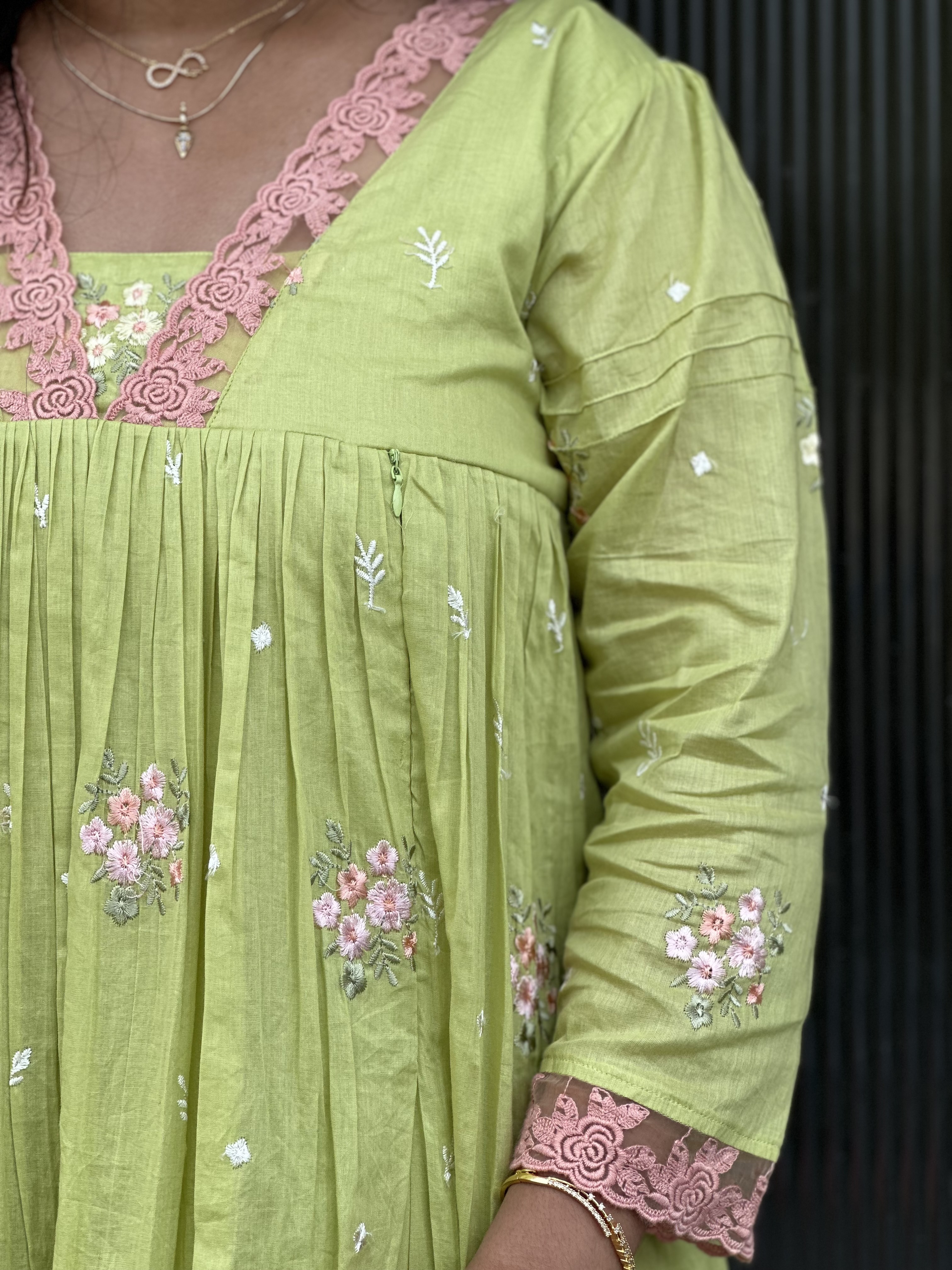 Embroidered Parrot green Feeding dress