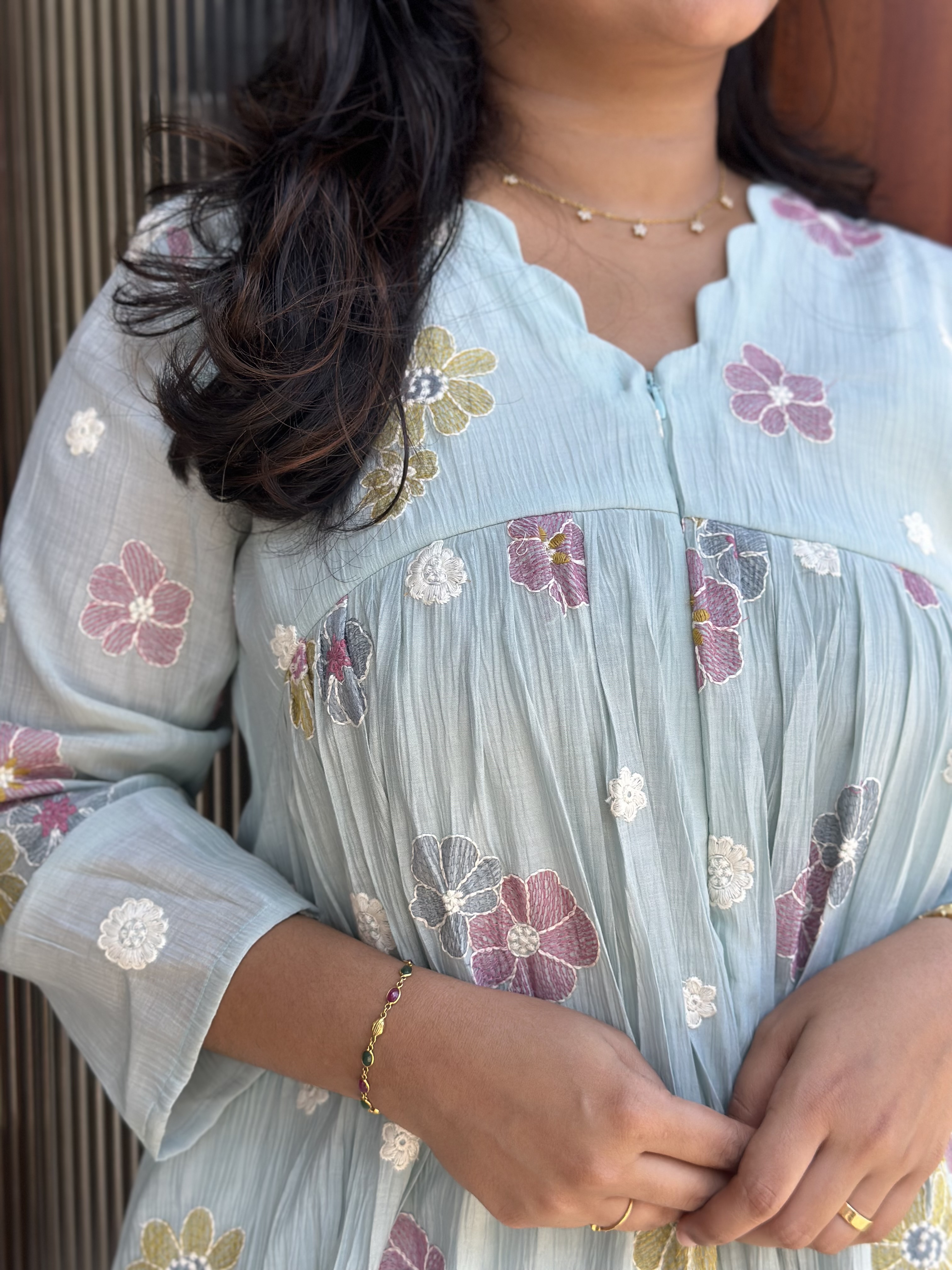 Pastel Blue crush Chanderi embroidered Feeding dress